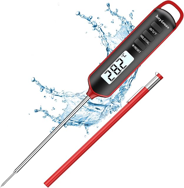 hoyiours Instant Read Meat Thermometer, Digital Food Meat Candy Thermometer with 4.7" Long Probe, Cooking Thermometer with Auto Off and Waterproof, Classic Red Design