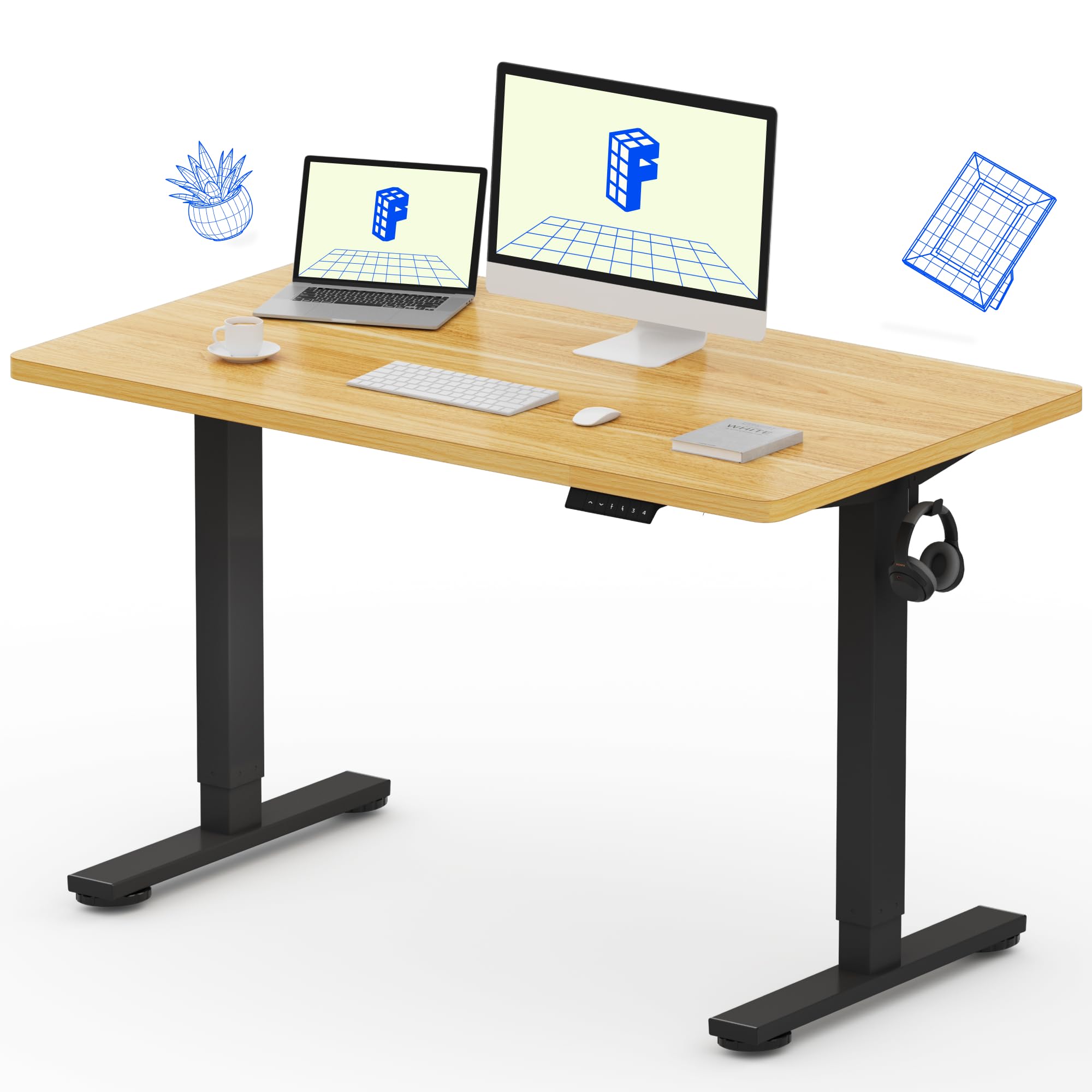 FLEXISPOT EN1 Whole-Piece Standing Desk 48 x 24 Inches Height Adjustable Desk Electric Sit Stand Desk Home Office Desks (Black Frame + Maple Top, 2 Packages)