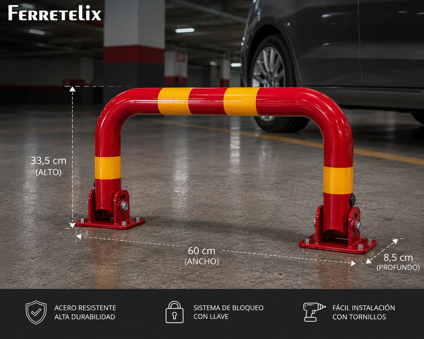 Ferretelix® Cepo Parking 60 cm x 33 cm x 8 cm - Barrera parking - Valla parking - incluye 2 llaves de seguridad. Abatible | Cerradura de seguridad