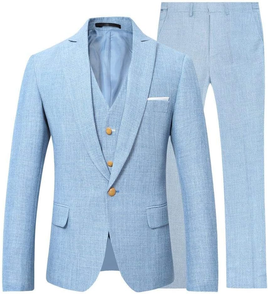 Wemaliyzd Men's Linen Suit Summer 3 Piece Wedding Suit Peak Lapel Blazer Vest Pants
