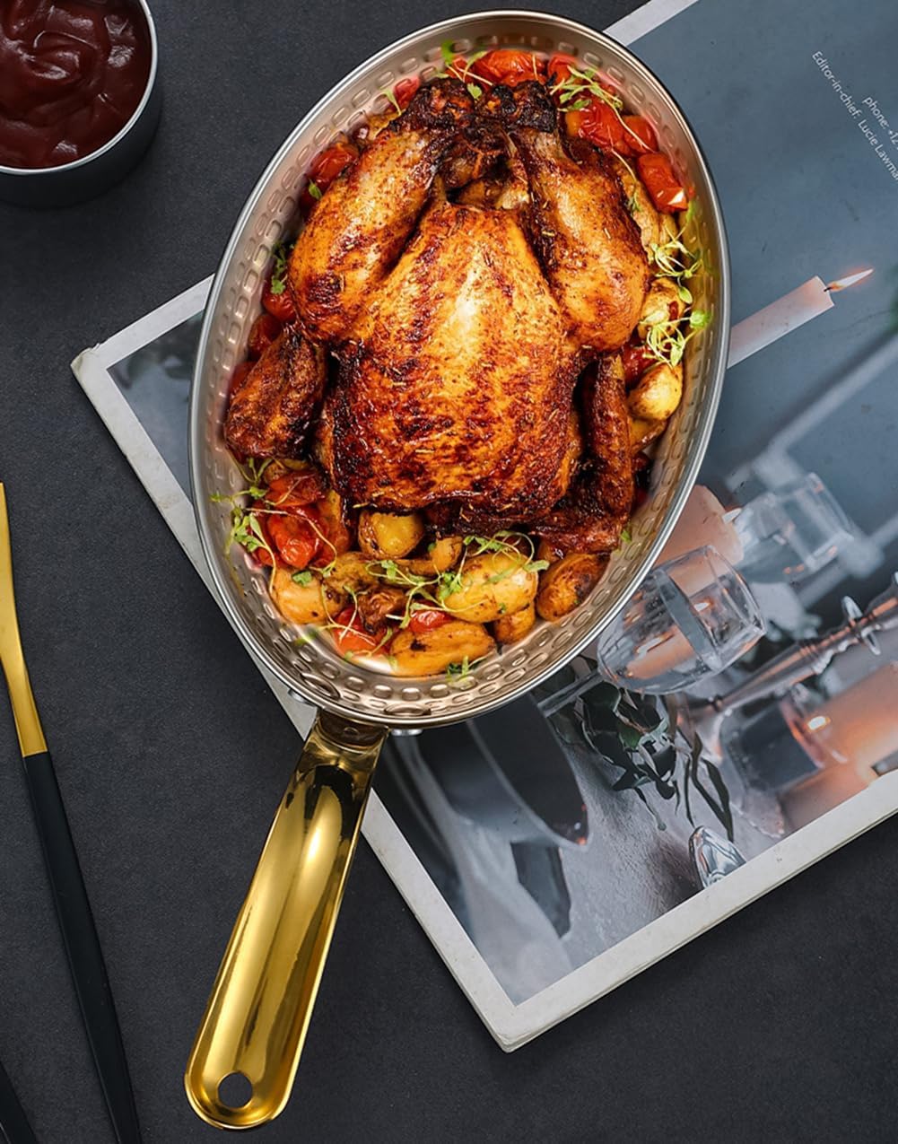 304 Stainless Steel Spanish Paella Pan Hand Hammered Seafood Plate Non Stick Paella Dish Cookware with Single Handle, Skillet for Homes Or Restaurants, 24Cm, Silver-Silver-22cm