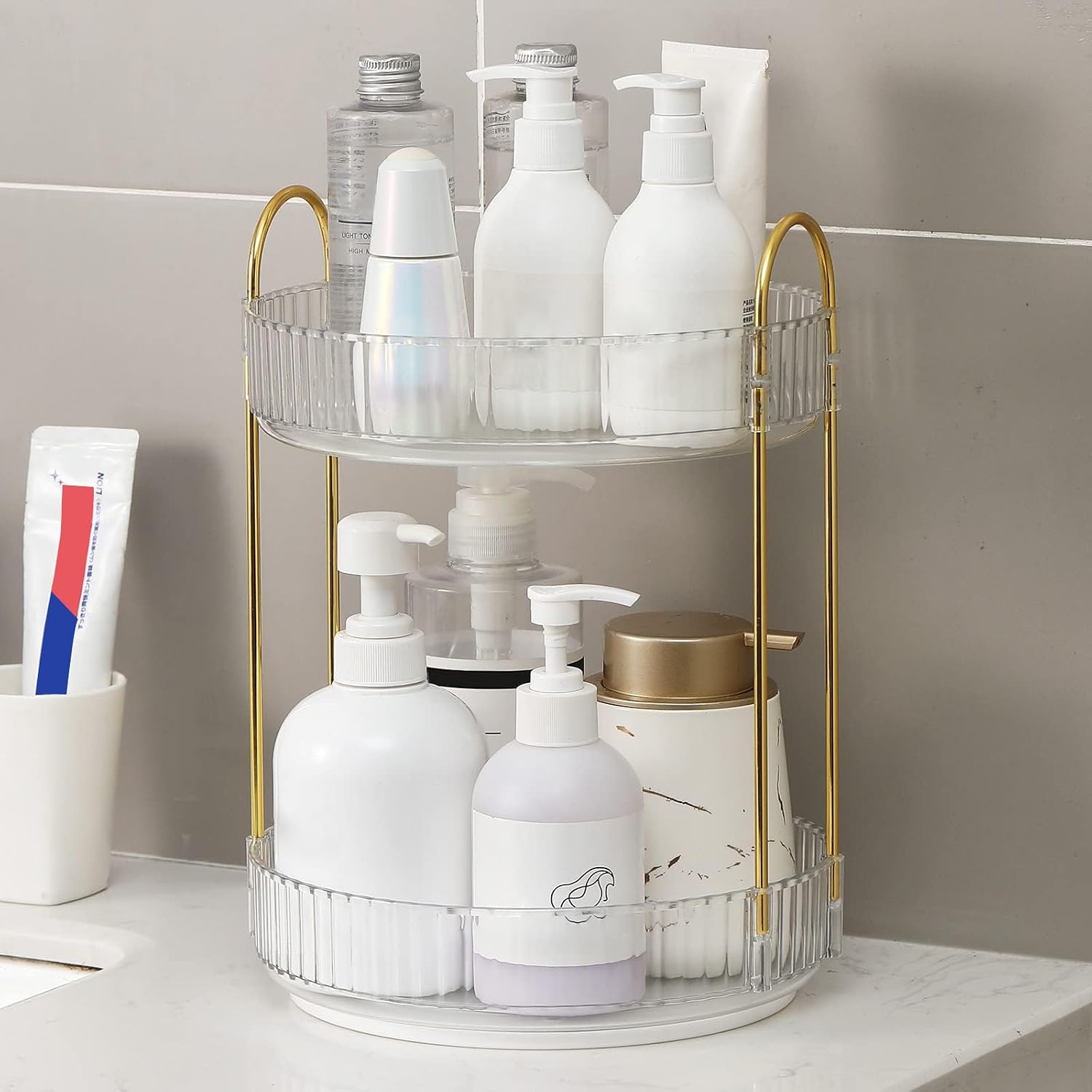 360 Rotating Makeup Organizer for Vanity, Bathroom Countertop Spinning Perfume Organizer, High-Capacity Cosmetic and Skincare Dresser Make Up Holder Rack (2 Tiers, White) image 3