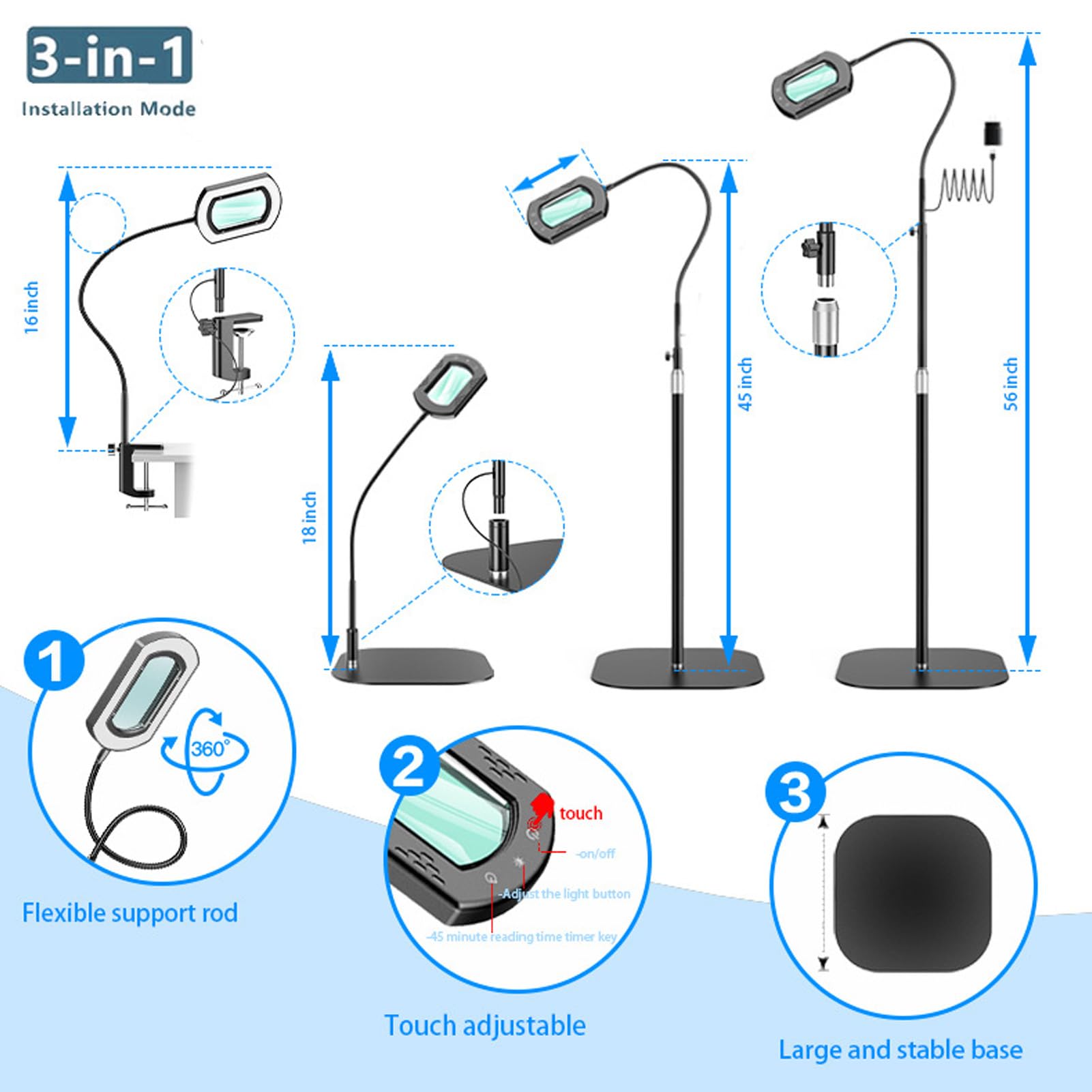 Luocute Lámpara de Aumento 10X con Cuello de Cisne Flexible, Luz LED, 5 Modos de Color y 3 Niveles de Brillo Lupa Iluminada para Lectura, Manualidades, Costura, Fabricación de Joyas