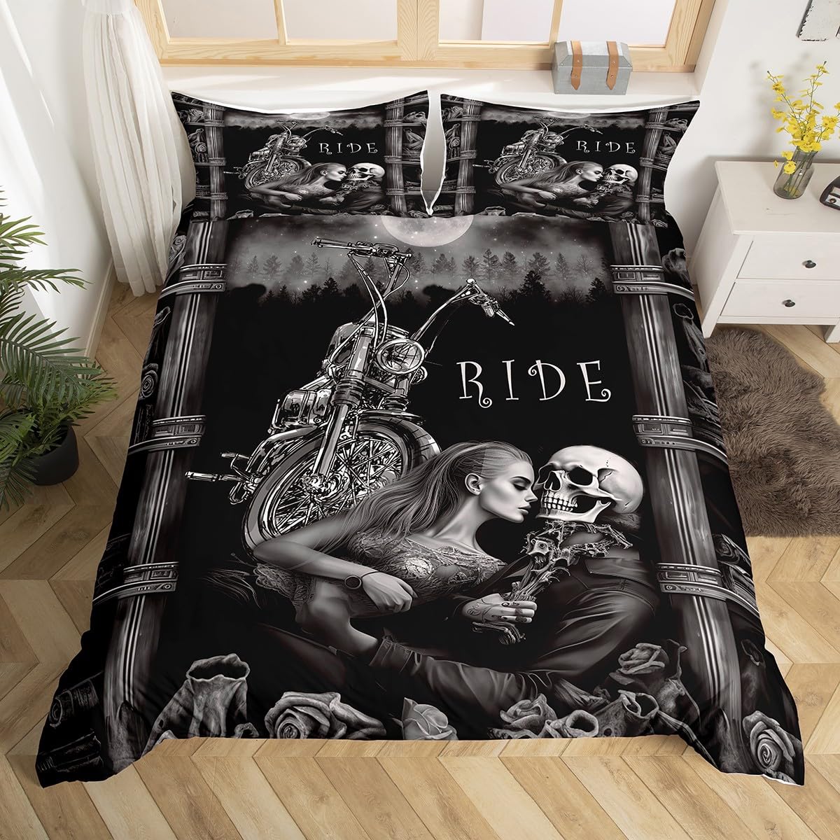 Double Duvet Cover Set Skull and Beauty Kiss 3D Print Bedding Sets with 2 Pillowcases,Lightweight Soft Microfiber Gothic Motorbike Skull Quilt Cover Set including Zipper Closure 3 Piece (200x200cm) - Image 3