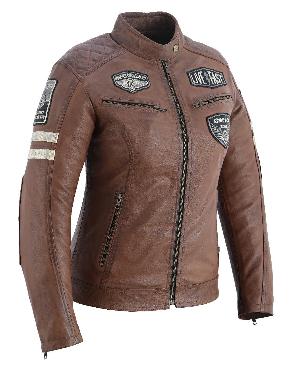 Veste de Moto En Cuir Pour Femme- Blouson Avec Protection Douce Cuir Et Vent Armure Corps été Hiver Tourisme Motard Blinde Marron