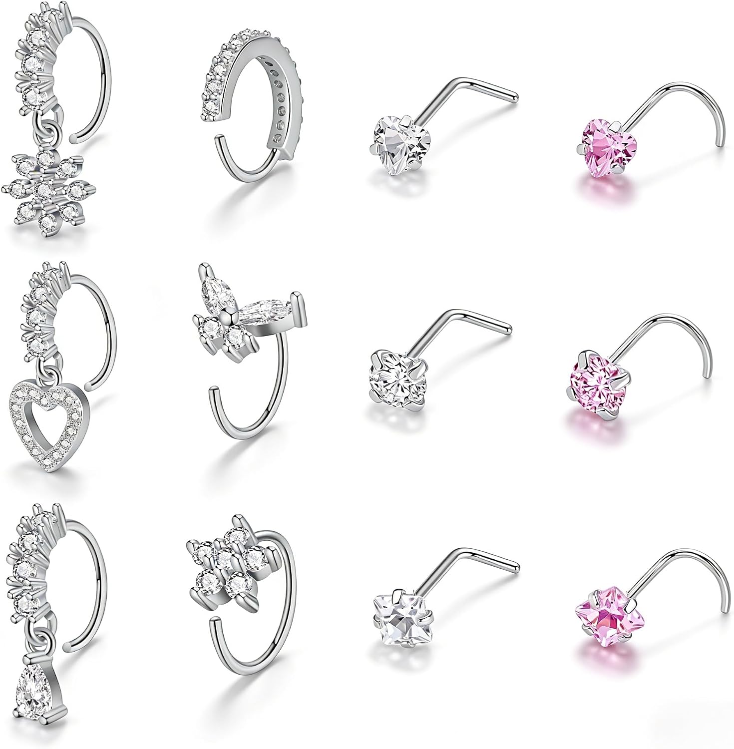 G&O JFU 12Pcs Nose Rings for Women Men - 20G Gold Plated Stainless Steel Hypoallergenic Nose Hoops & Studs, L-Shaped & Corkscrew Heart Butterfly Flower CZ Dangle Nose Piercing Jewelry