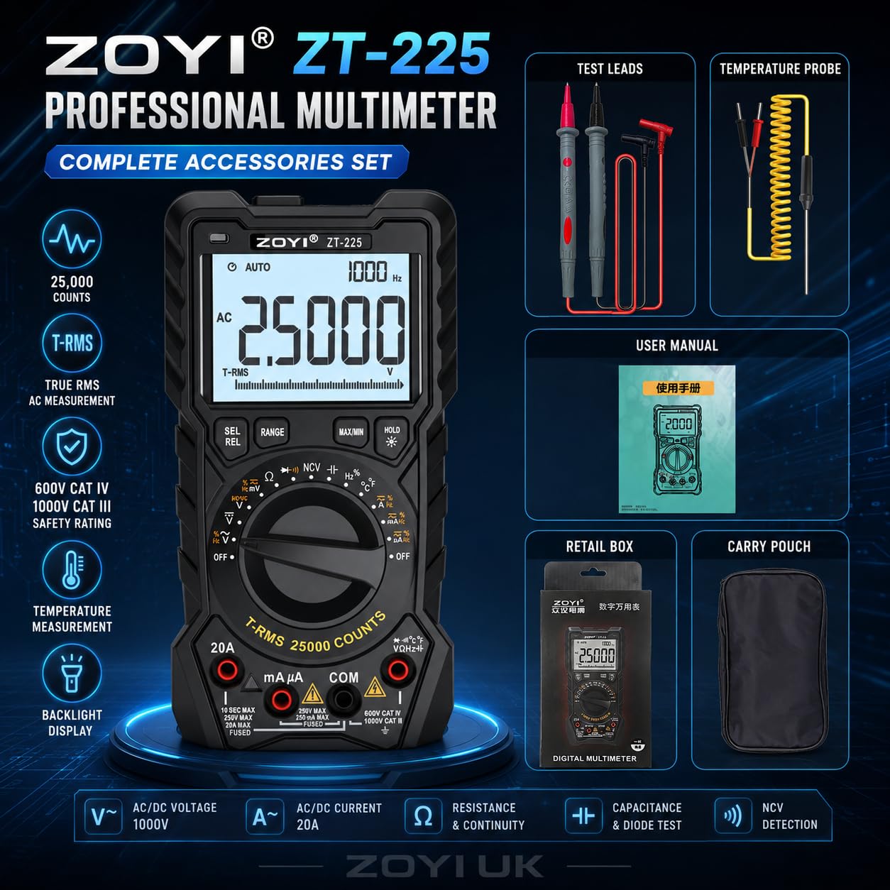 ZOYI ZT‑225 - Multímetro digital profesional, función de voltaje de fusión CA+CC, 25,000 unidades, 20 A, rango automático/manual, probador de voltaje verdadero RMS, NCV, temperatura, onda cuadrada