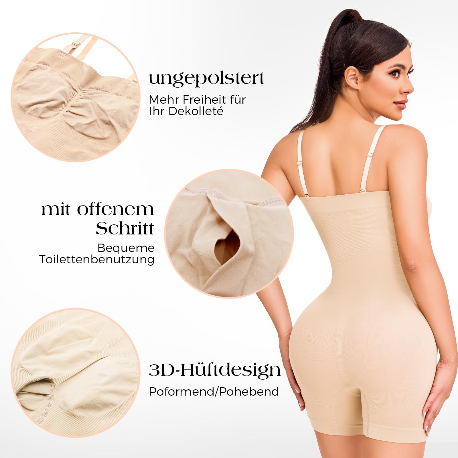 Shapewear Damen Body mit Abnehmbaren Trägern Formende Overall-Shorts für Bauchweg Nahtlose Atmungsaktiver Shaping Bodysuit