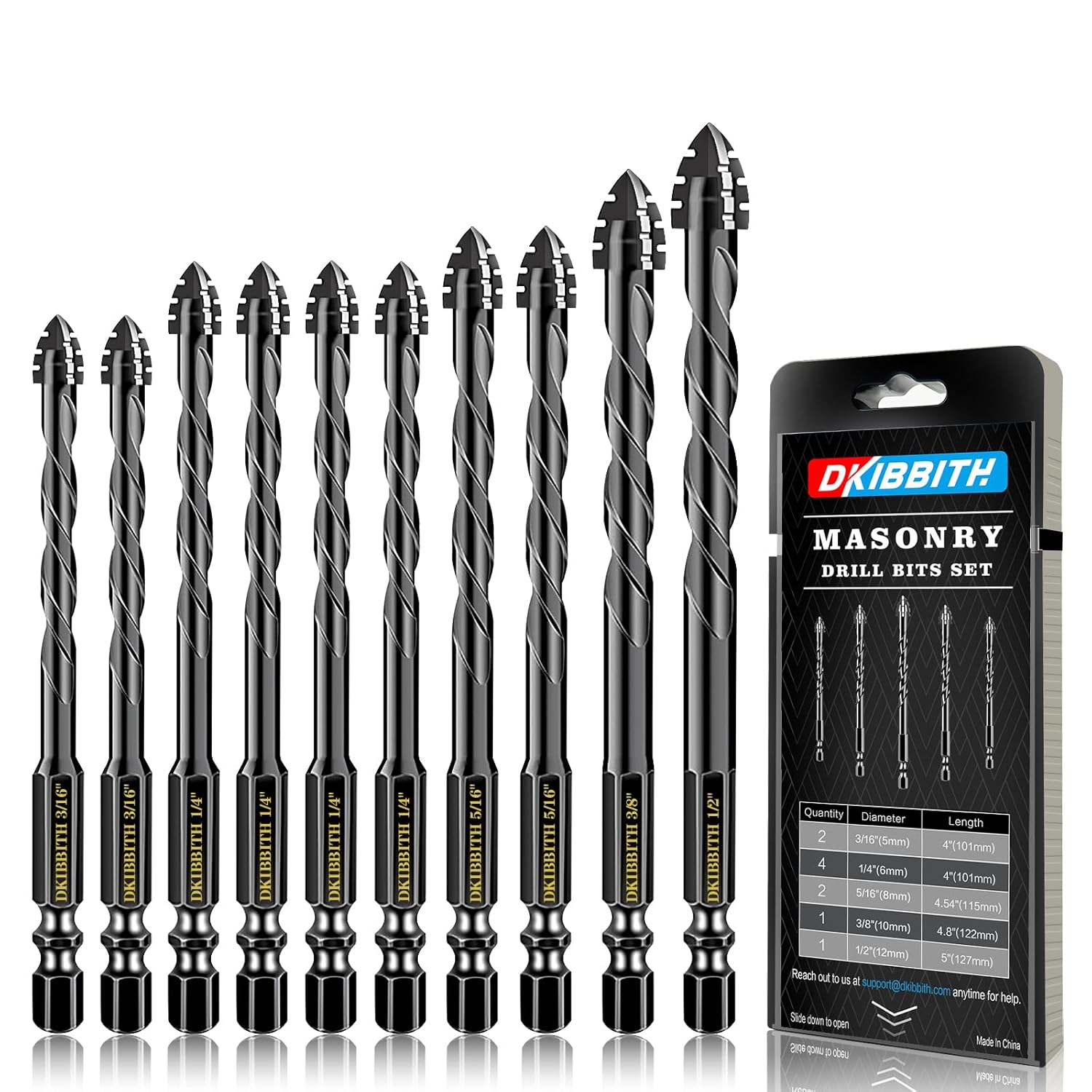 DKIBBITH 4-Flute Serrated Masonry Drill Bit Set (10-Piece, Black) - 3/16" to 1/2" for Concrete, Tile, Brick, Glass, Ceramic 10 Piece Serrated Drill Bit
