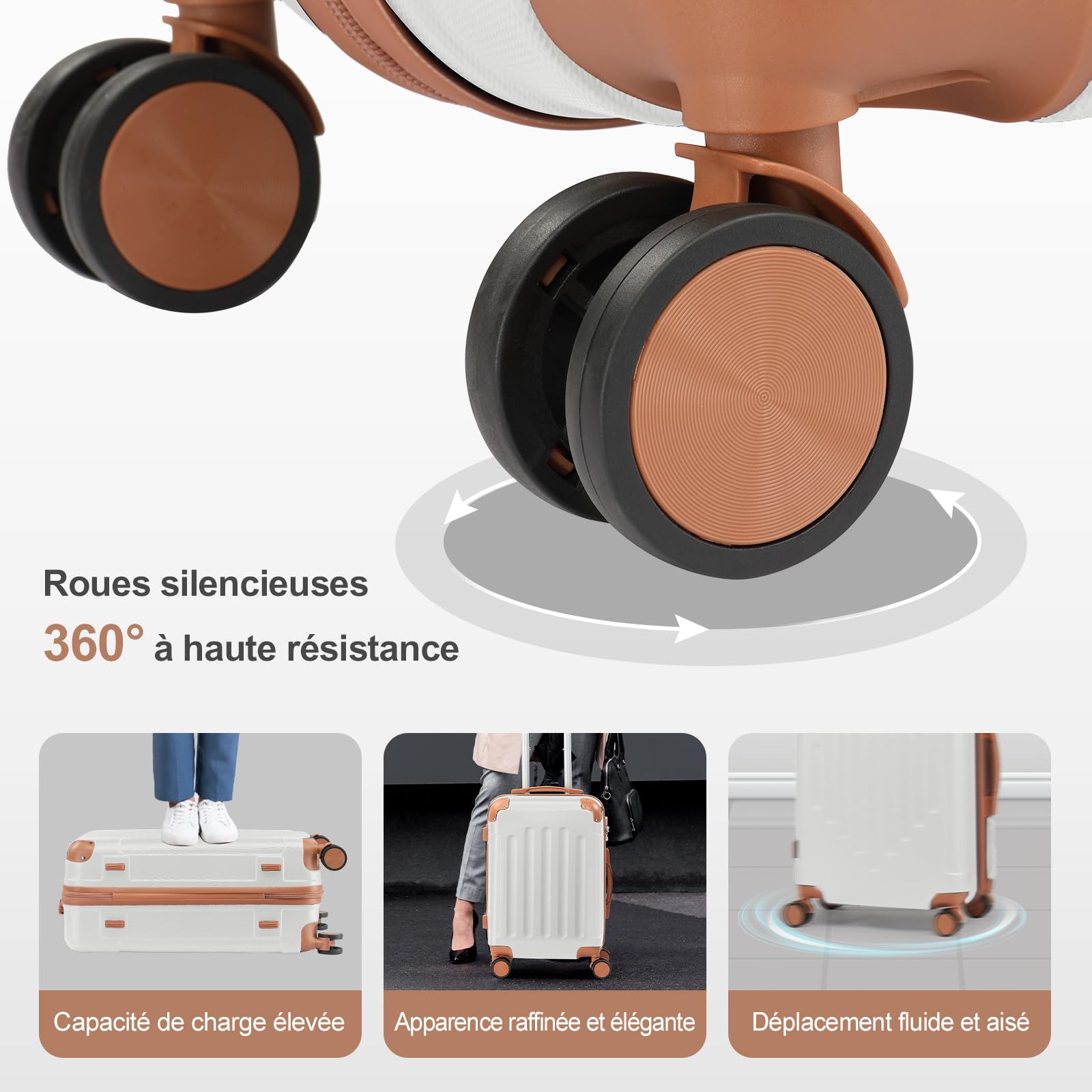 LALAHO Set de 4 Valises avec Vanity Case, Valise Grande Taille & Cabine, Petite Valise, ABS avec Coins Renforcés, roulettes Pivotantes 360° (Beige-Marron)