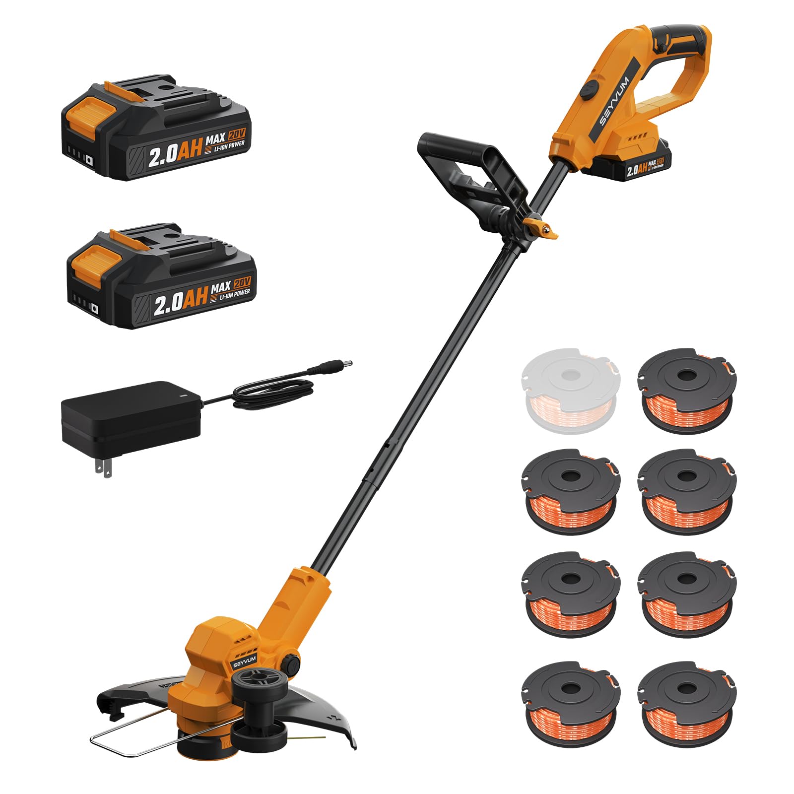Photo 1 of SEYVUM String Trimmer, 20V 12-inch Cordless Weed Trimmer with Auto Line Feed, 2 X 2.0Ah Battery Powered Lawn Edger with 8 Pcs Grass Cutter Spool Line, Orange