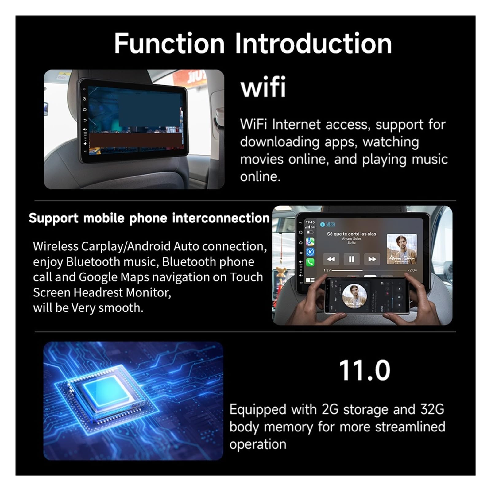 Monitor De Reposacabezas con Pantalla Táctil IPS For Tableta, Reproductor Música Y Vídeo En Línea For Asiento Trasero Coche FáCil Instalación para Viajes(ROM 32G 1PCS (WiFi))