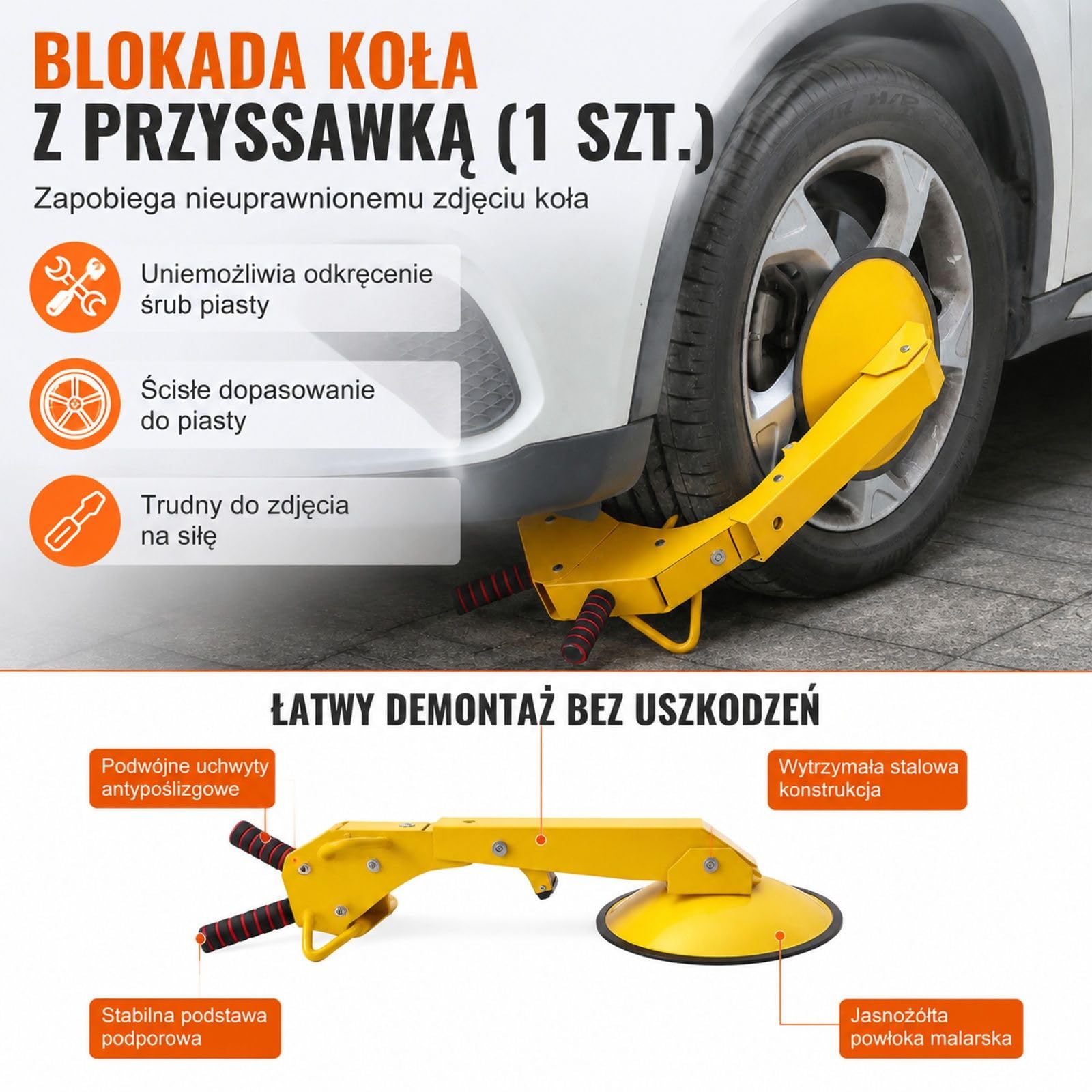 Blokada kola 1 sztuka zolta do samochodu ciezarowki SUV kampera przyczepy lodzi z przyssawka i kluczami