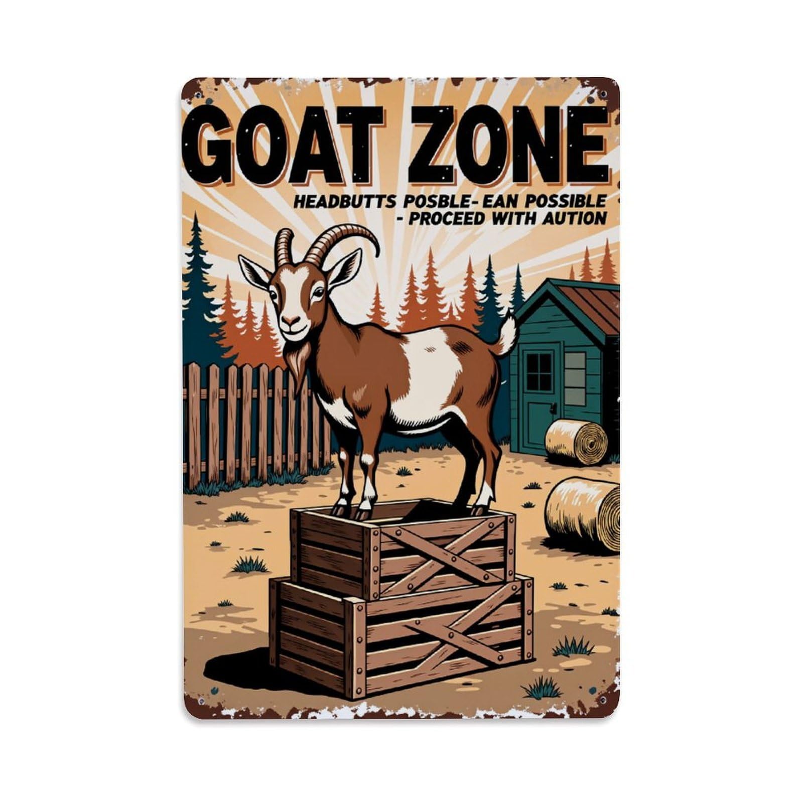 Goat Standing On Crates Fence And Trees Blue Shed Vintage Tin Sign Retro Metal Wall Decor Metal Poster, Home Bar Garage Farmhouse Cafe Wall Art Decoration 8x12Inches