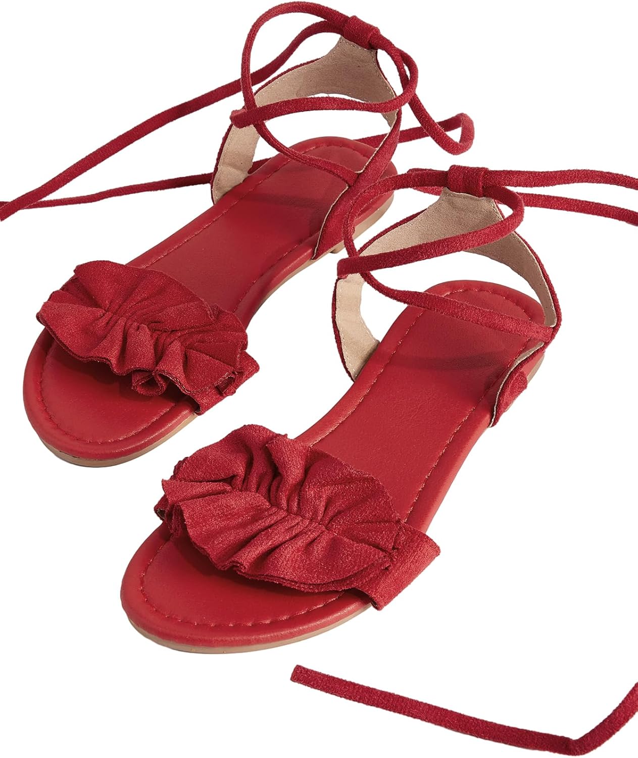 GORGLITTER Women's Lace Up Gladiator Sandals Ruffle Trim Strappy Flat Sandals Casual Tie Up Ankle Strap Sandals - Image 5