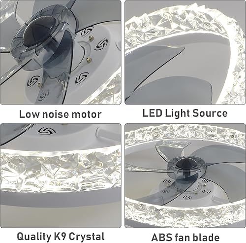 Miniatura 7 de FRIXCHUR Ventilador de araña de cristal de 19.7 pulgadas, moderno ventilador de techo de montaje empotrado con luces, ventiladores de techo de bajo