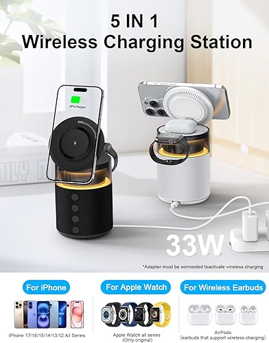 Miniatura 2 de Estación de carga inalámbrica 5 en 1 con altavoz Bluetooth, cargador magnético con luz nocturna, soporte de carga con adaptador de 33W compatible