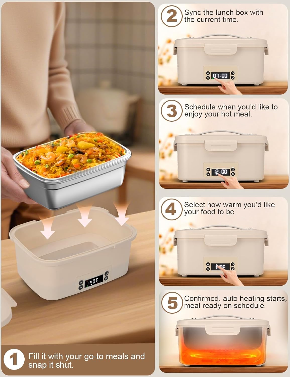 Basima Cordless Heated Lunch Box for Men & Women, Rechargeable Auto-Scheduled 1L Electric Lunch Box for Adults, Smart Battery-Powered Food Heater for Work & Outdoor Activities - Image 4