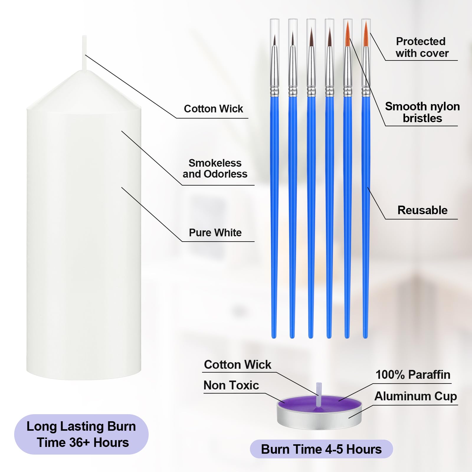 MTLEE 72 Pcs DIY Candle Painting Kit Include 6 Pcs 2"x 5" White Pillar Candles 60 Colored Tealight Candles and 6 Paint Brushes for Birthday Wedding Tea Party Crafts Centerpieces