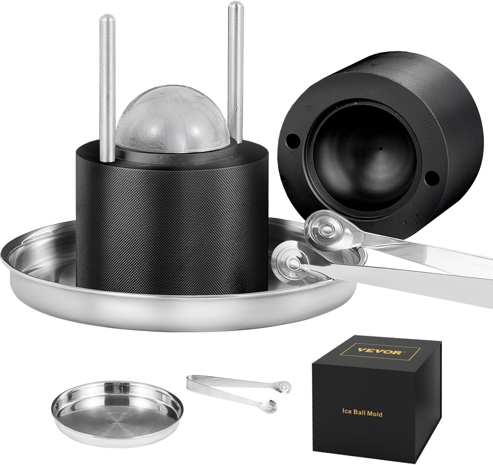 VEVOR Ice Ball Press, 2.4" Ice Ball Maker, Aviation Aluminum Ice Ball Press Kit for 60mm Ice Sphere, Ice Press with Tong and Drip Tray, for Whiskey, Cocktail, Bourbon, Scot on Party & Holiday, Black
