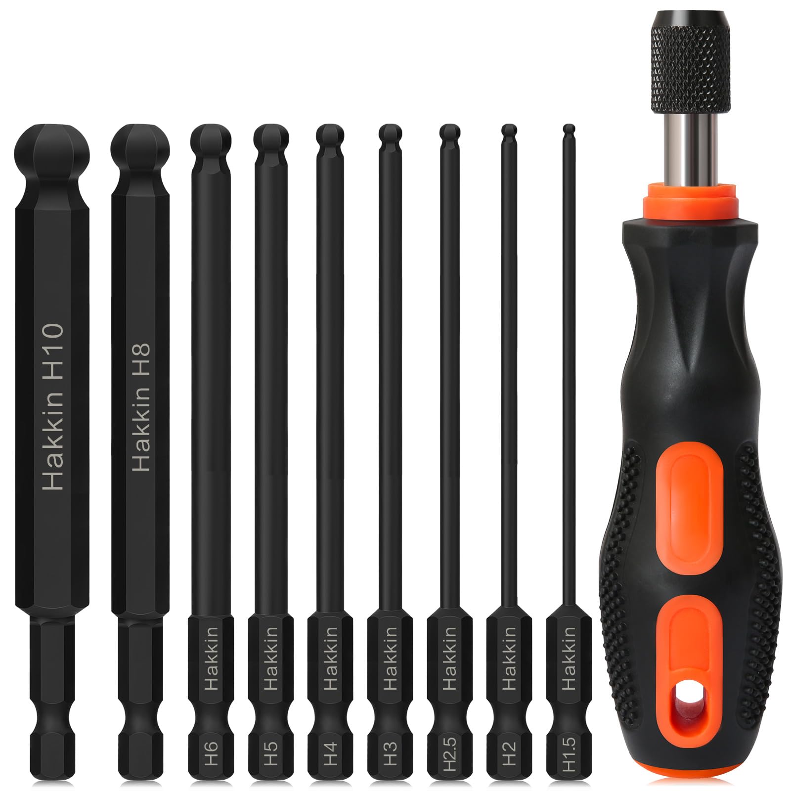 Hakkin Allen Key Bit Set 10Pcs Allen Hex Key Bit with Bit Driver S2 Steel Magnetic Allen Wrench Drill Bits 1/4” Hex Shank 100mm hex Bits Set for Furniture Assembly