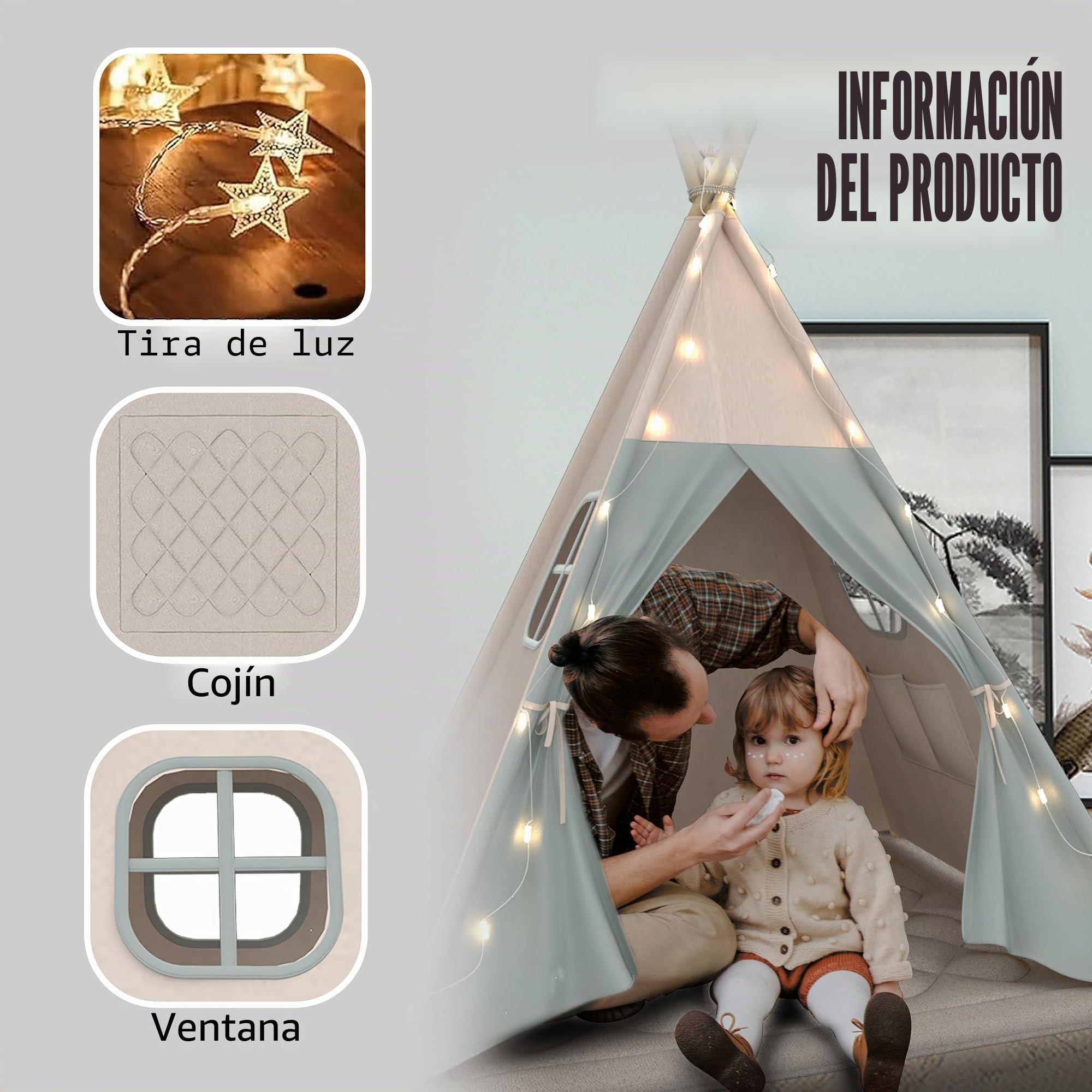 Tipi Tienda de campaña para niños, lavable, con manta acolchada, cadena de luces, bolsa de transporte, tienda de campaña de lona para niños y niñas
