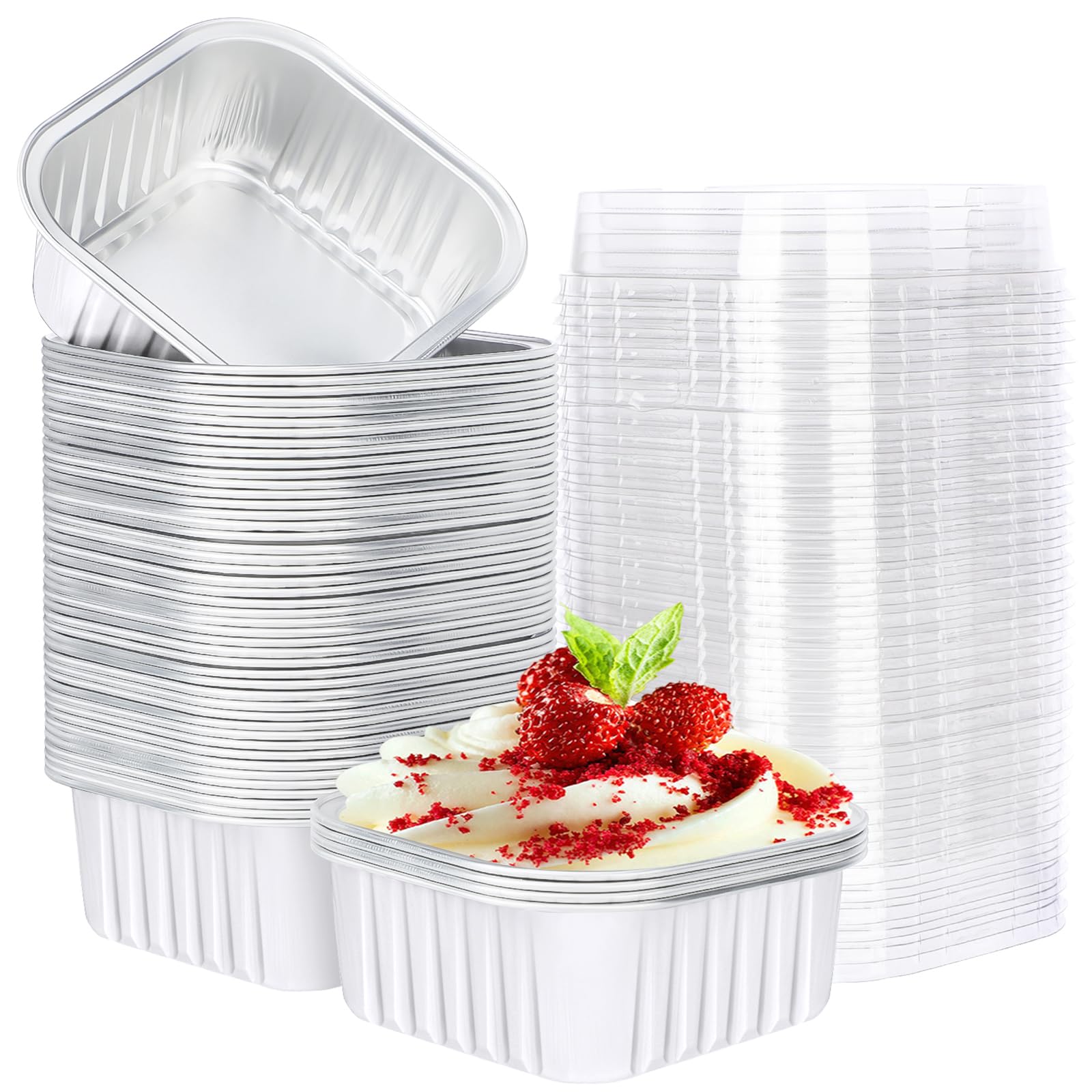 Ramequines desechables cuadrados de papel de aluminio con tapas para hornear, 5 oz, 50 unidades