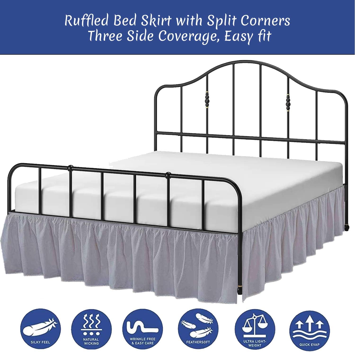 Ruffled Bed Skirt with Split Corners Three Side Coverage-King Size Dust Ruffles Bed Skirts 18 Inch Drop Expertise Tailored Fit Wrinkle Free Bed Skirt Dust Ruffle (King 18 Drop-Silver Grey)