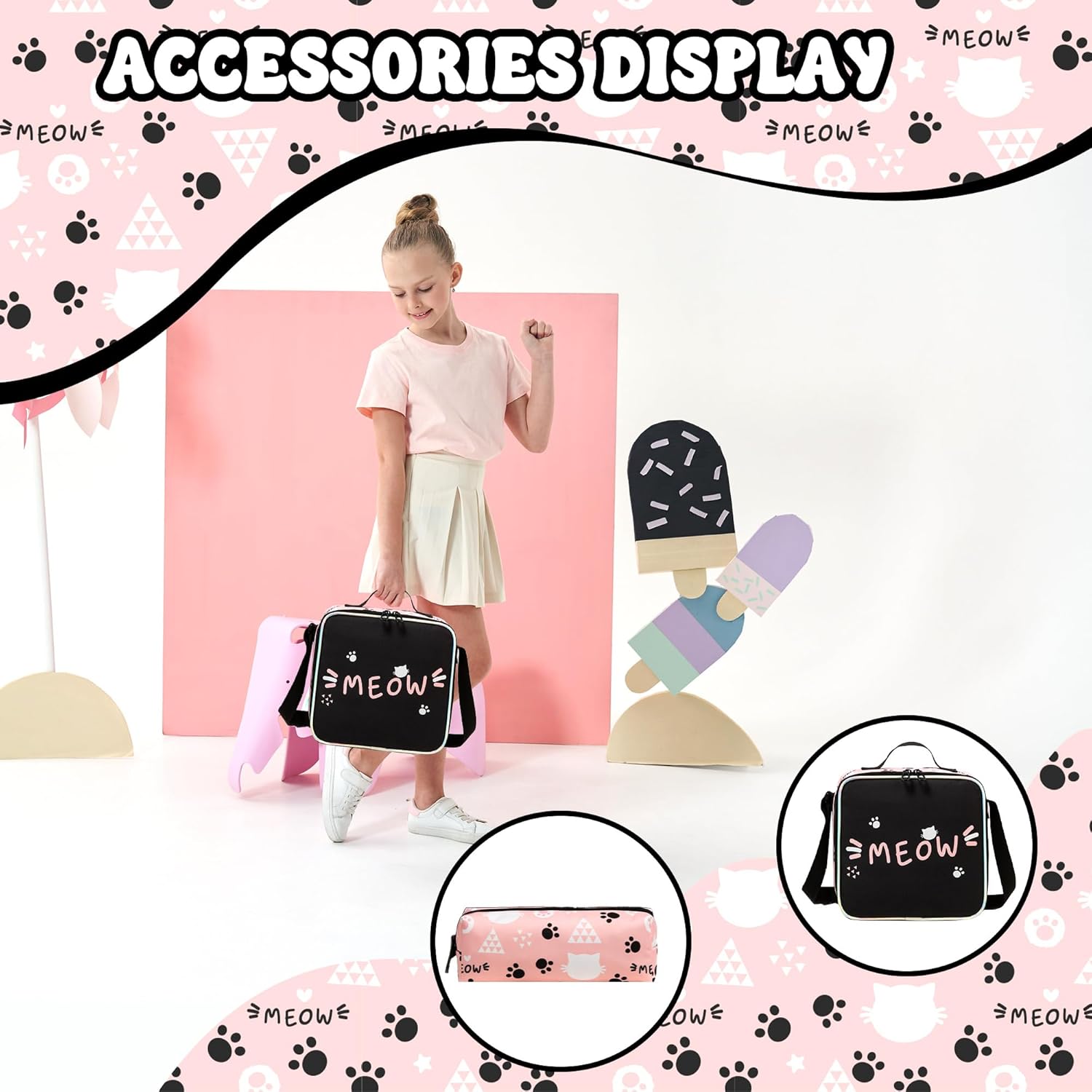 Backpack for School Kids Backpacks for Girls Bookbag Set Backpacks for Teen Girls with Lunch Box Pink Cat Preppy Backpack for School