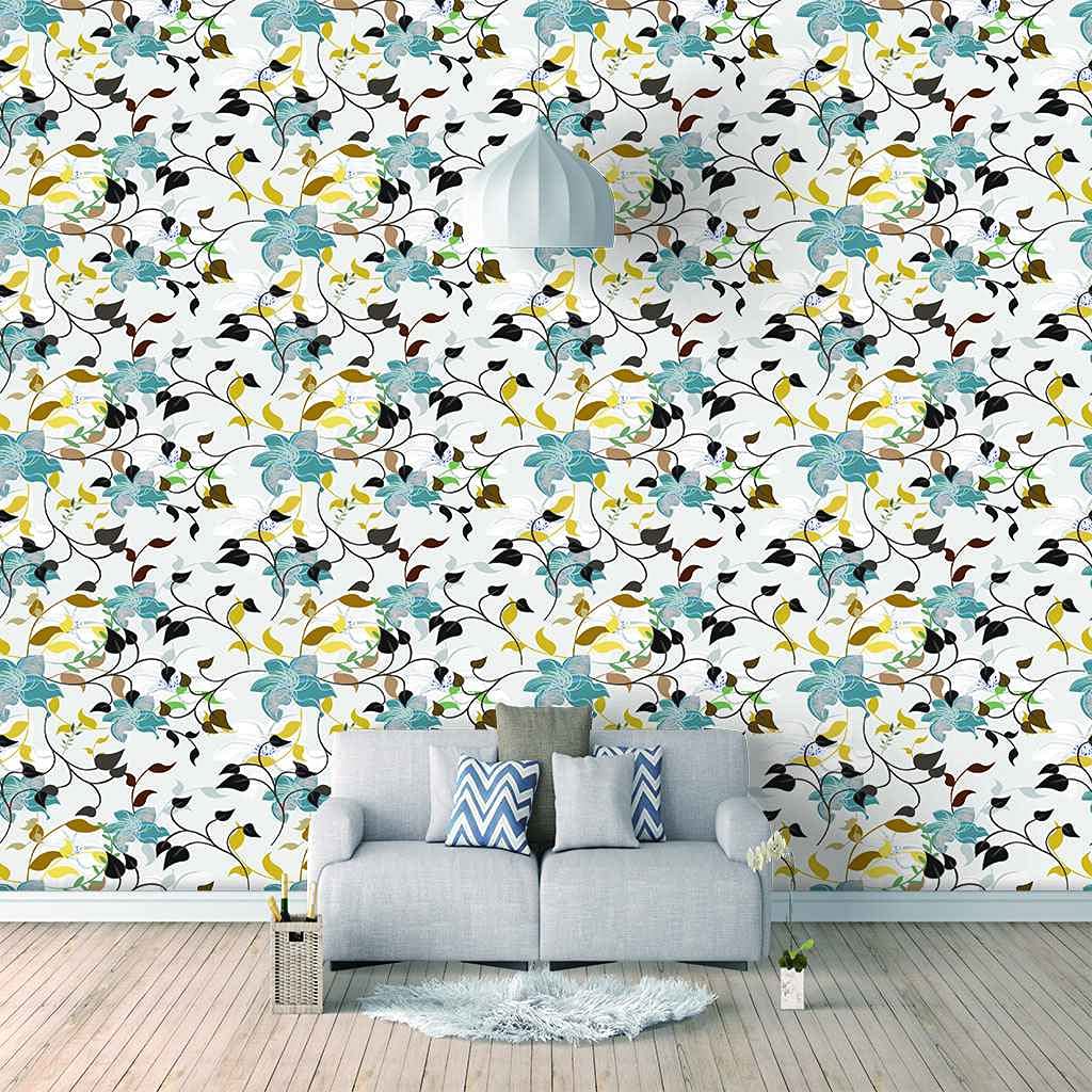 Papier peint fleurs bleues 3D canevas auto-adhésif 300x210 cm