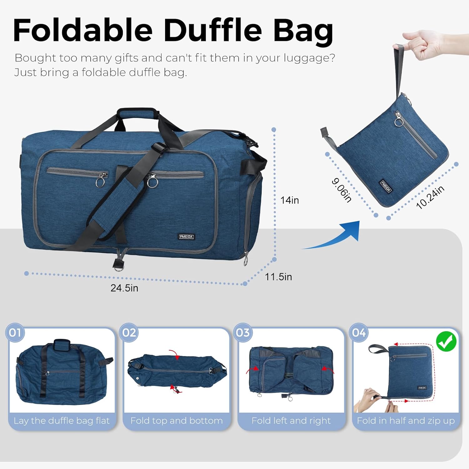 Fmeida 65L Duffle Bag with Shoes Compartment, Foldable Travel Duffel Bags for Men Women, Large Packable Travel Bag Water Repellent & Tear Resistant (Blue) - Image 3