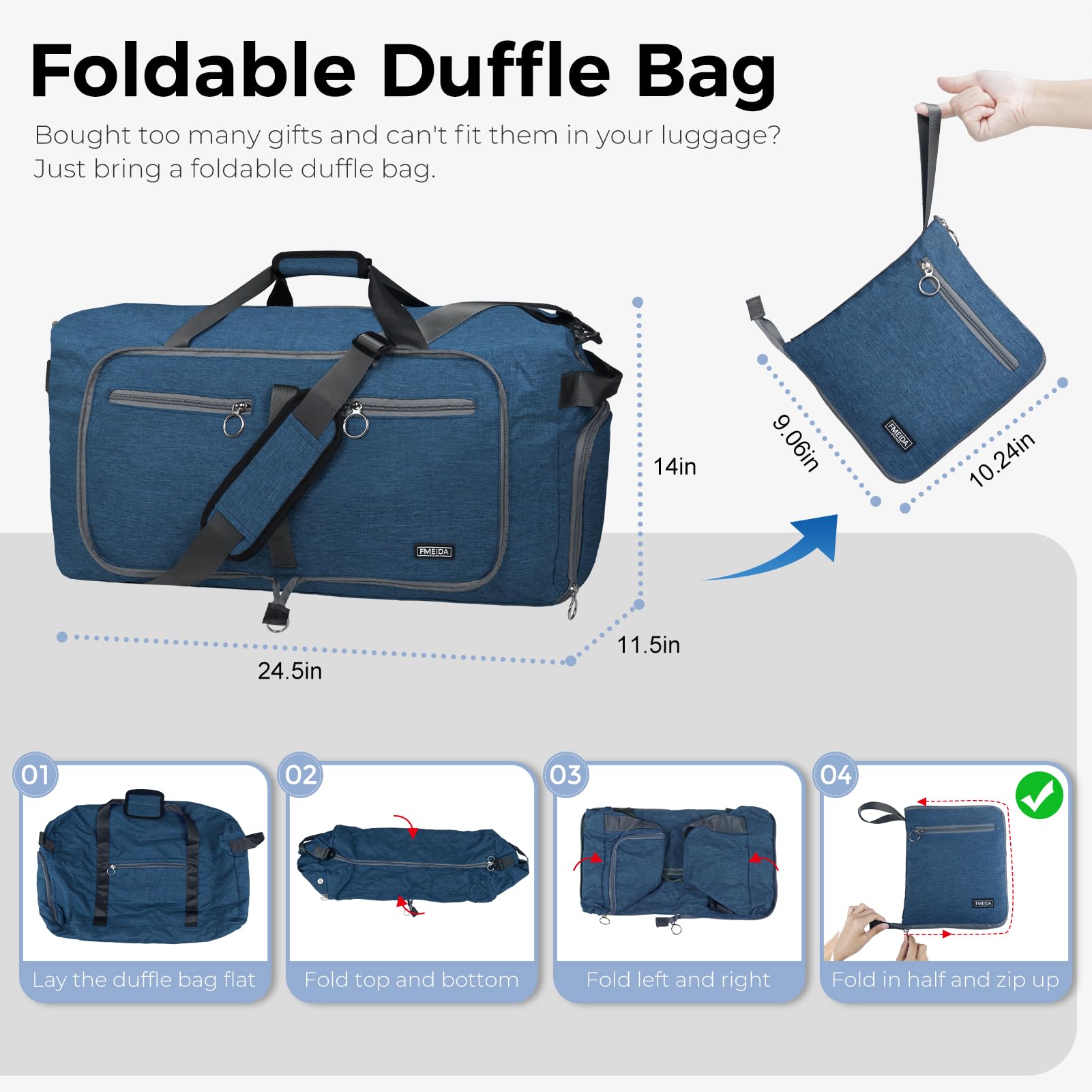 Fmeida Borsone da Viaggio 65L Pieghevole Borsone Palestra Grande Capacità Borsa Sportiva Impermeabile Borse da Viaggio Uomo Donna per Viaggi Campeggio Vacanza, Blu Marino