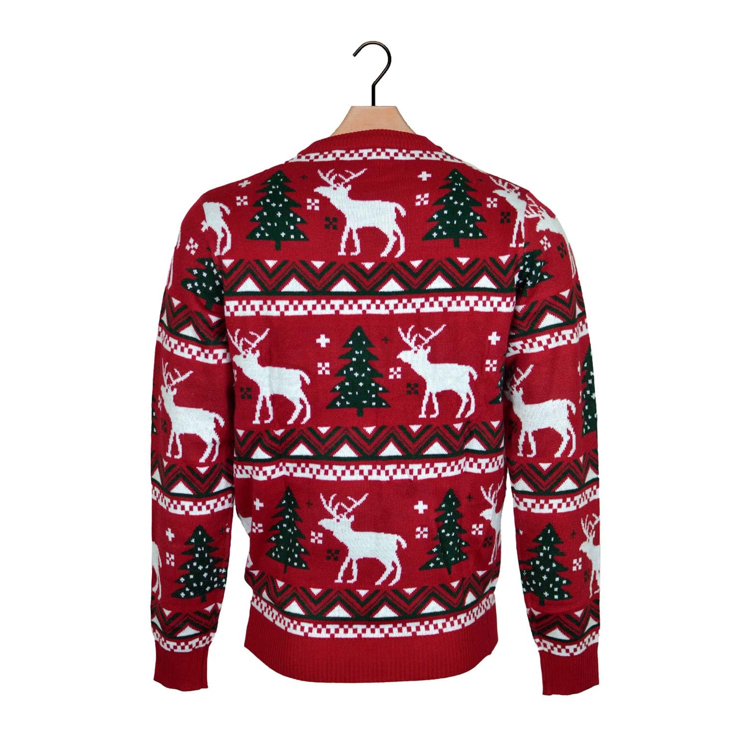 Jersey Navideño Rojo Árboles de Navidad y Renos para Mujer, Hombre y Niños