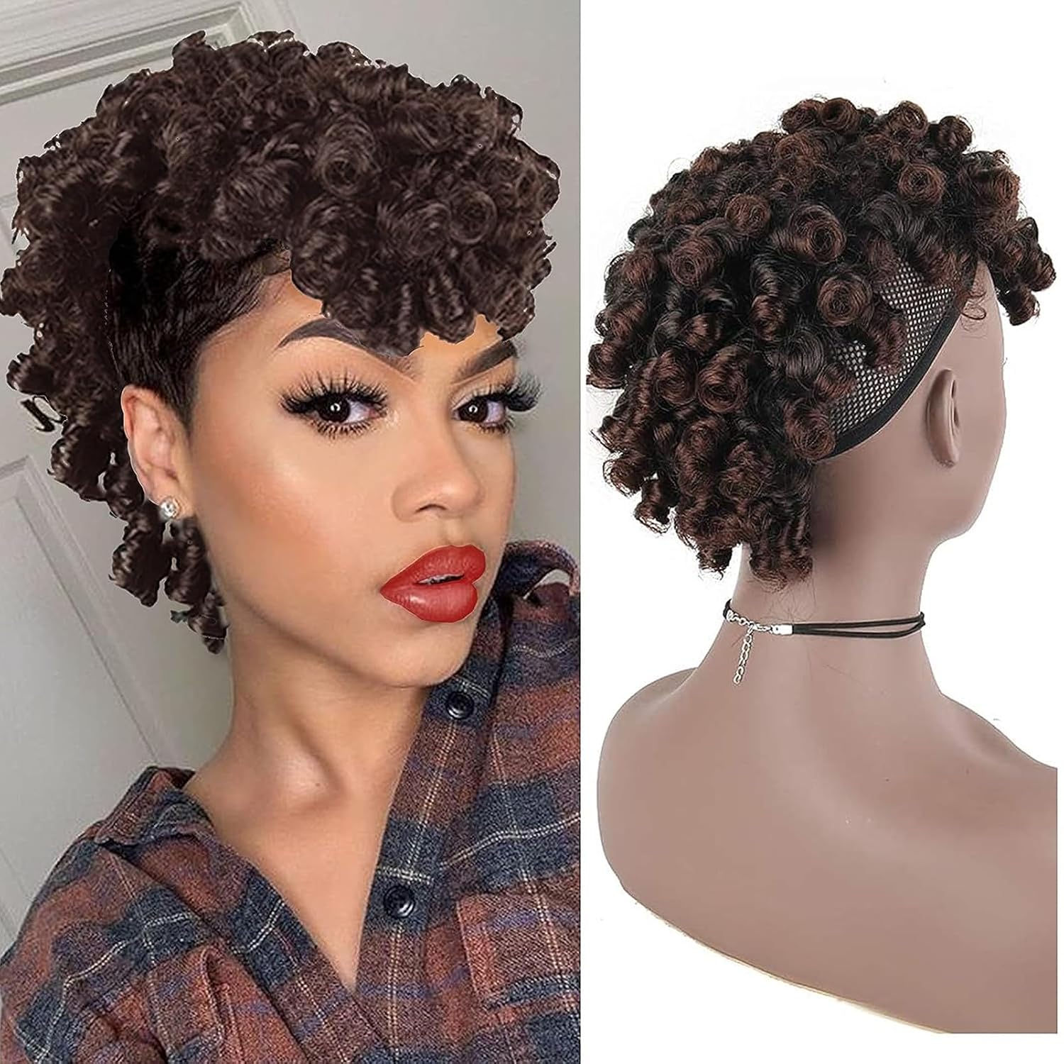 Oseti Kinky Curly Mohawk Wig Clip in Hairpieces for Black Women Deep Curl Hawks Wigs with Faux Bangs, Mix Dark Brown Afro Faux Hawk Drawstring Ponytail with Bangs for African American Wigs (1B/33)