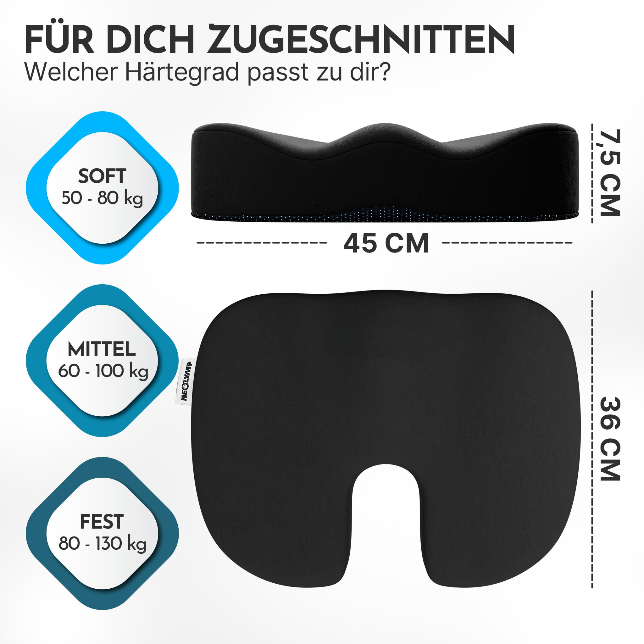 NEOLYMP Orthopädisches Sitzkissen – Memory Foam Kissen mit Steißbein-Aussparung – Ergonomisches Design für Büro, Auto & Reisen – 3 Härtegrade für Sitzkomfort (Schwarz, Fest | 80-130 kg)