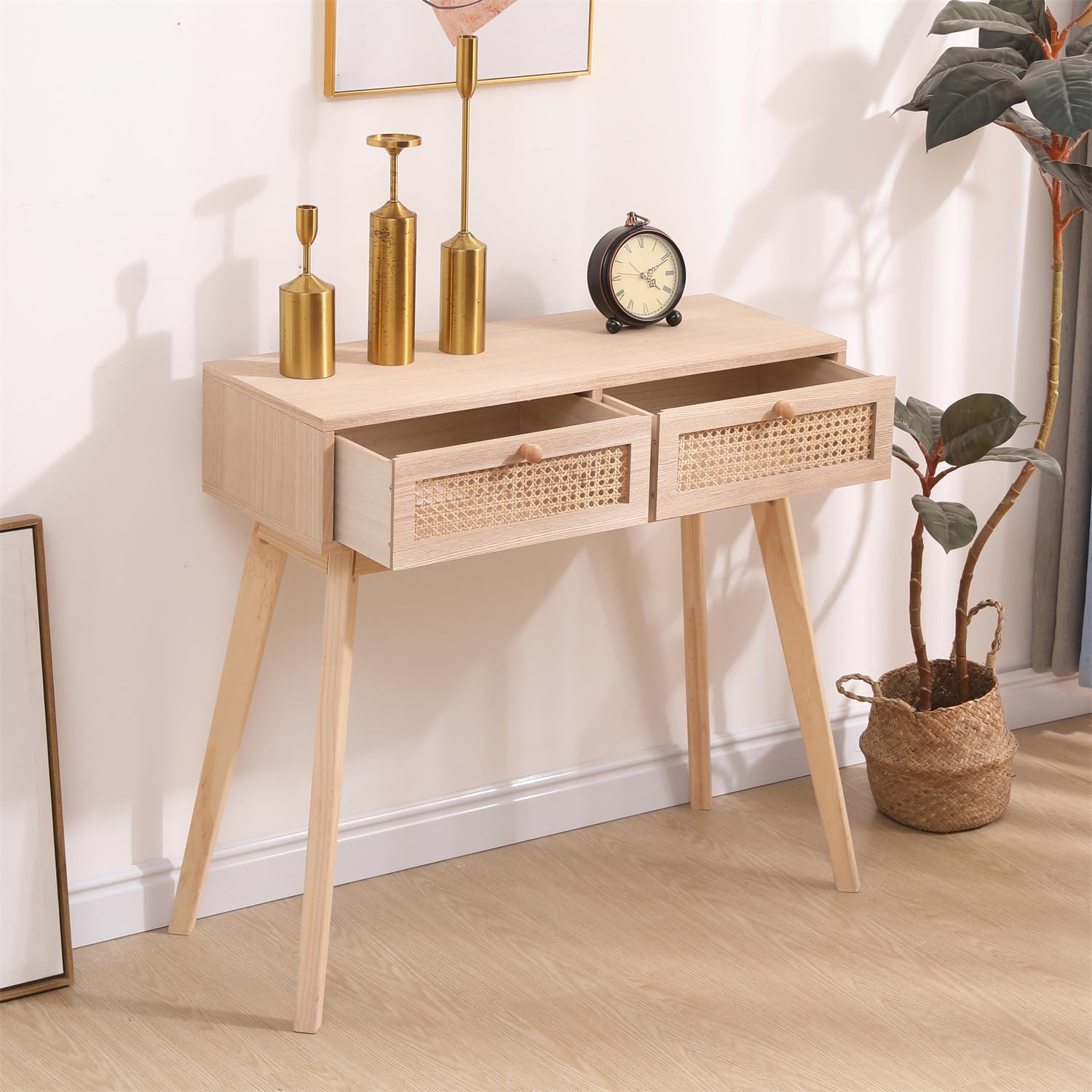 Mophorn Tavolo Consolle in Rattan con 2 Cassetti Portaoggetti, Tavolo