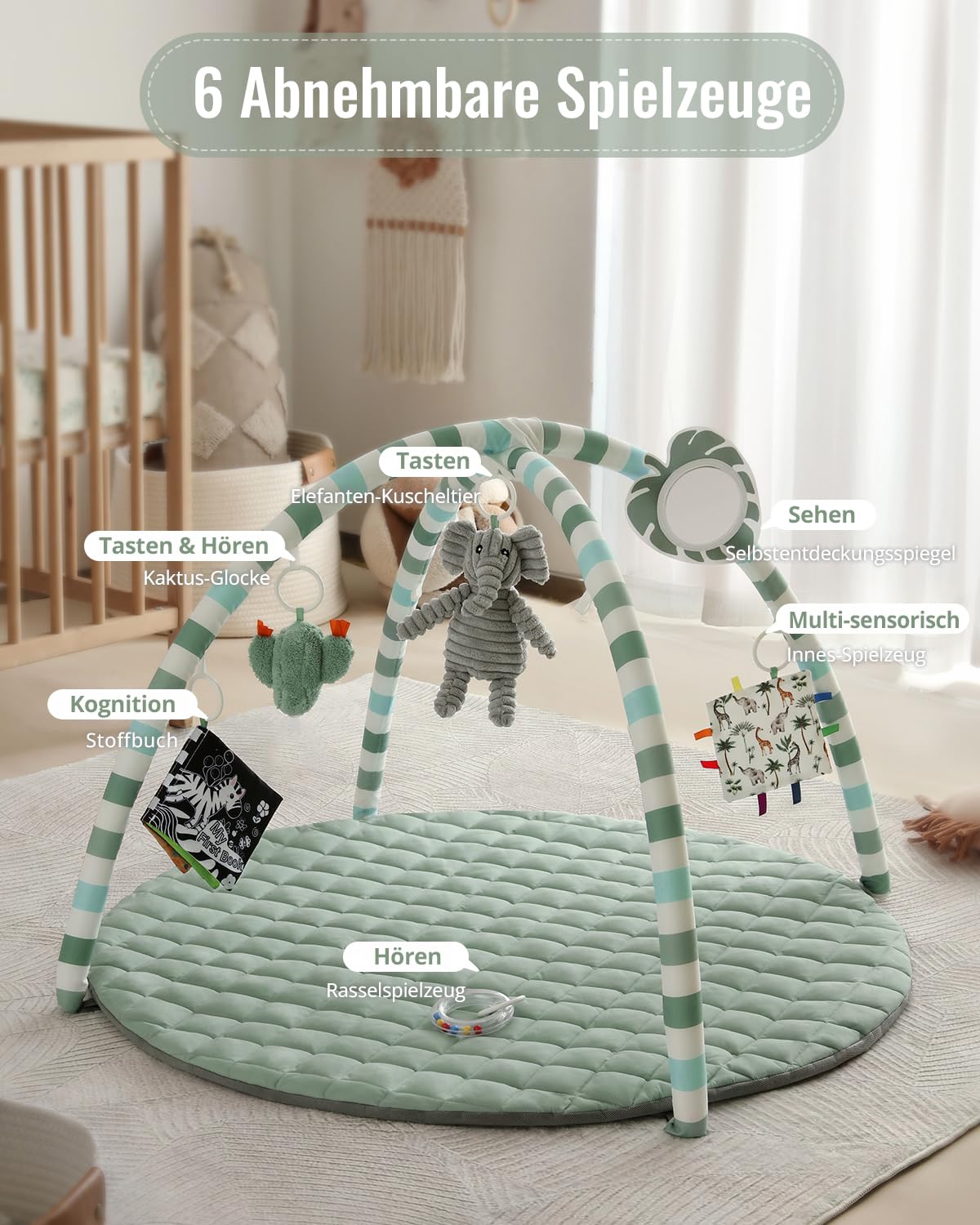Blissful Diary Spielbogen Baby, Spieldecke Baby Gym Activity Decke mit 6 Abnehmbare Spielzeuge, krabbeldecke Einfach zu Installieren und zu Reinigen, Unverzichtbare Babygeschenke, Salbeigrün