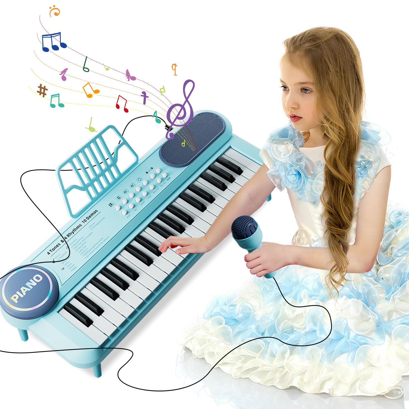 Piano Keyboard with Microphone, 37 Keys Blue Portable Music Toy for 2 Years Old Girls, Educational Electronic Musical Instrument Gifts for Toddler Aged 3 4 5 6