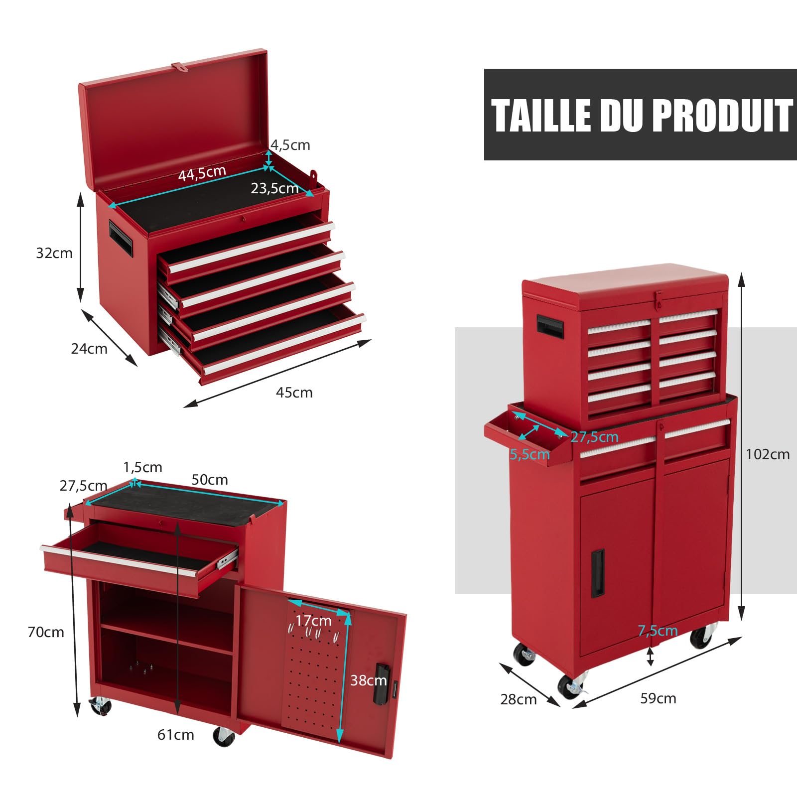 GOPLUS Servante d’Atelier avec Coffre Amovible, 28 x 59 x 102CM, Caisse à Outils Roulant avec 5 Tiroir Verrouillable & Armoire à Étagère Réglable, Poignée Latérale, pour Garage, Atelier(Rouge)