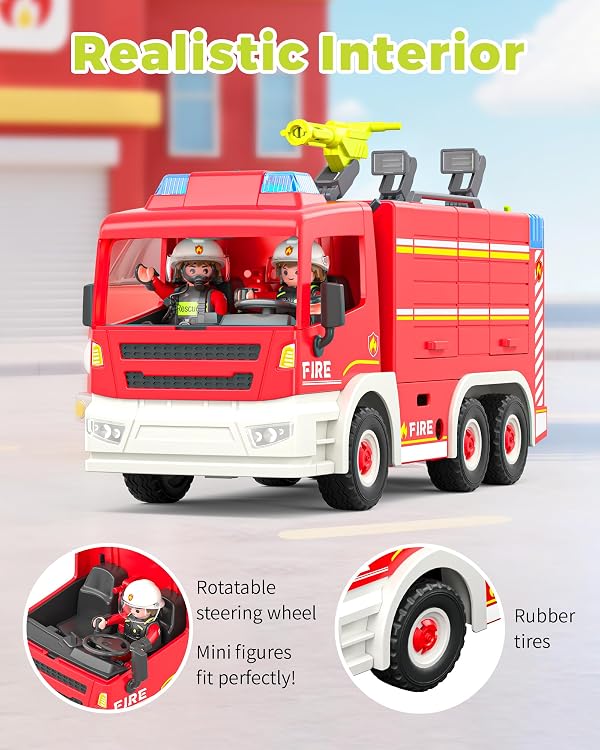 Large Fire Truck Toy with 2 Firefighters & Rescue Tools, Lights & Siren Sounds, Assemble & DIY Fire Rescue Truck Vehicle Toy for Boys Girls Christmas Birthday Gifts Kids Toys for 3 4 5 6 7 8 Years Old by Coroiesty - Image 5
