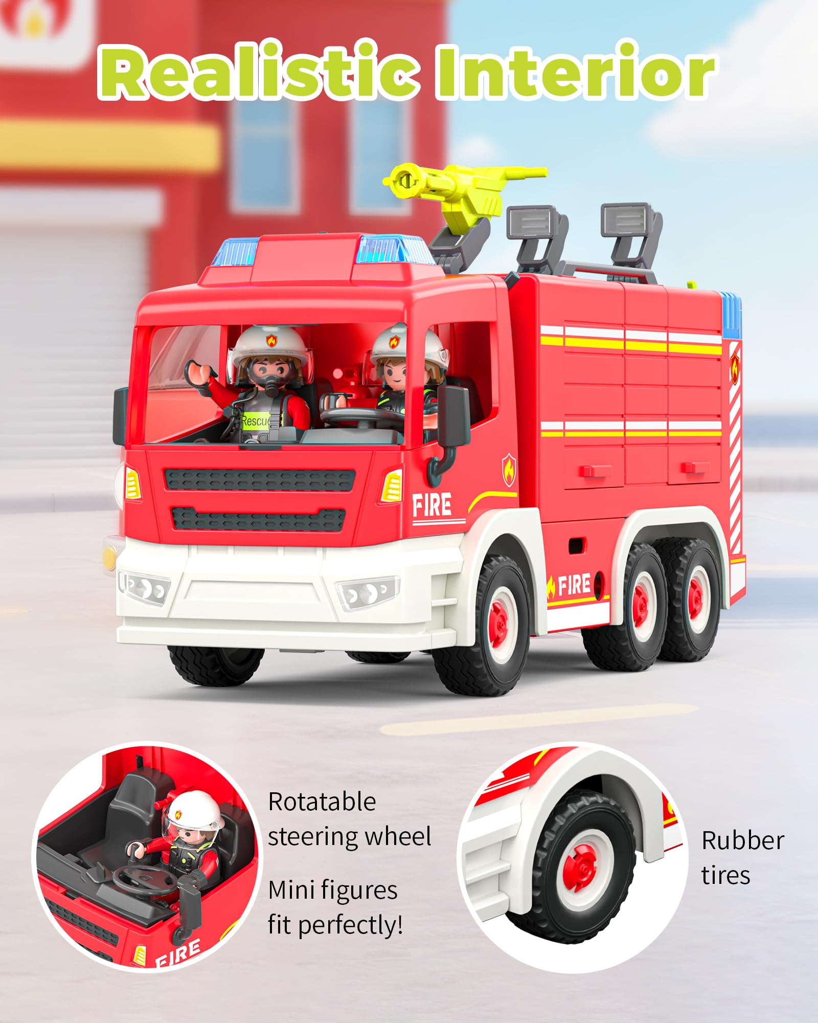 Coroiesty Camion Pompieri Giocattolo dai 4 Anni in Su, Grande Camion dei Pompieri con Modulo Light & Sound con 2 Pompieri e Attrezzi, Luci e Sirena, Veicolo di Soccorso per Bambini e Bambine