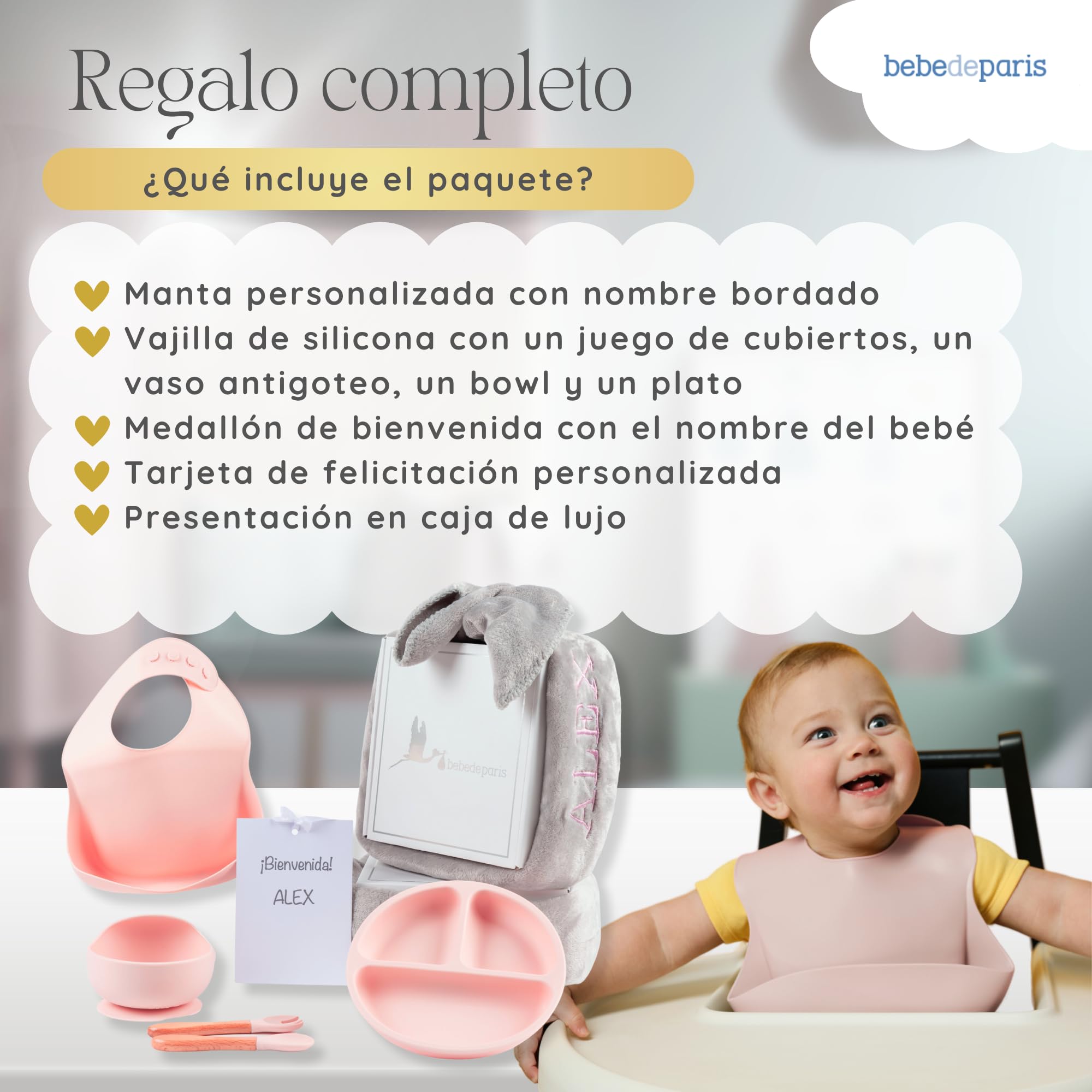 Bestickte Decke mit Namen und Geschirr aus Silikon, umweltfreundliches Geschenk für Babys, Geschenkset für Jungen und Mädchen (Geschirr + Decke, Rosa) | BebeDeParis
