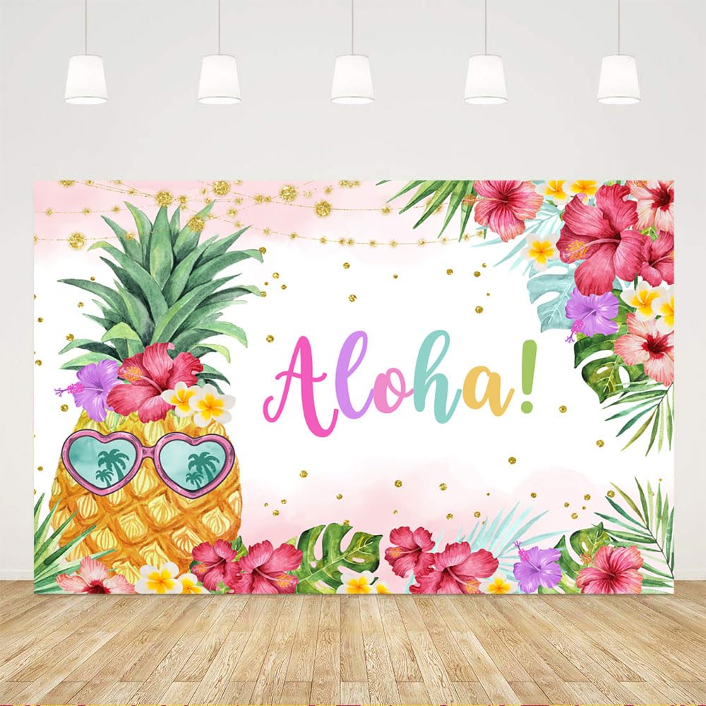 TicuenicoaTicuenicoa 5×3ft Aloha Backdrop Luau Hawaiian Birthday Party Decorations Photography Background Summer Tropical Beach Backdrops Baby Shower Floral Pineapple Photo Booth Props Banner