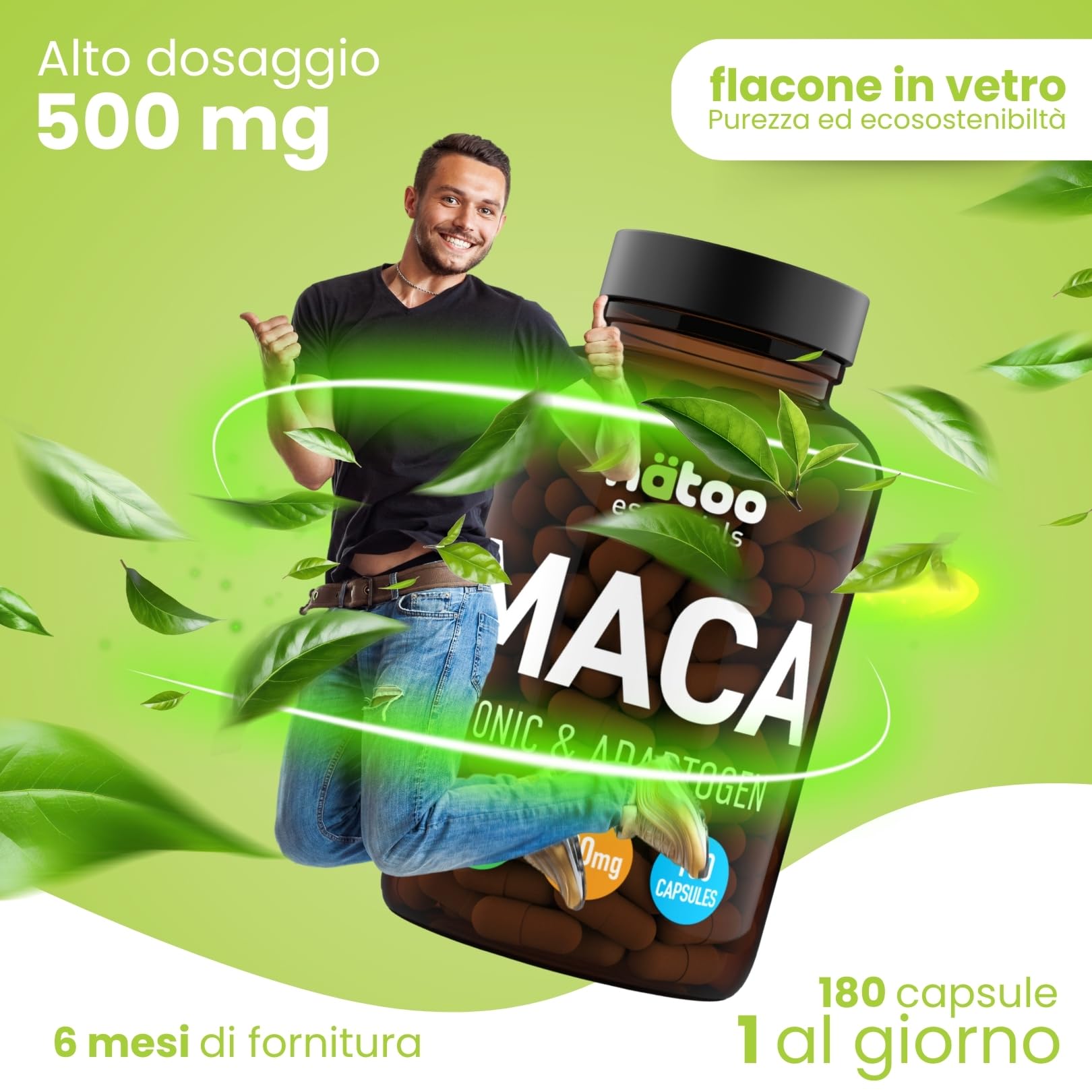 NÄTOO Essentials Maca 500mg 180 CPS Vegetali - Integratori Stanchezza con Maca Peruviana delle Ande (Ginseng Peruviano), Maca Forte con proprietà tonico adattogene, radice di Maca