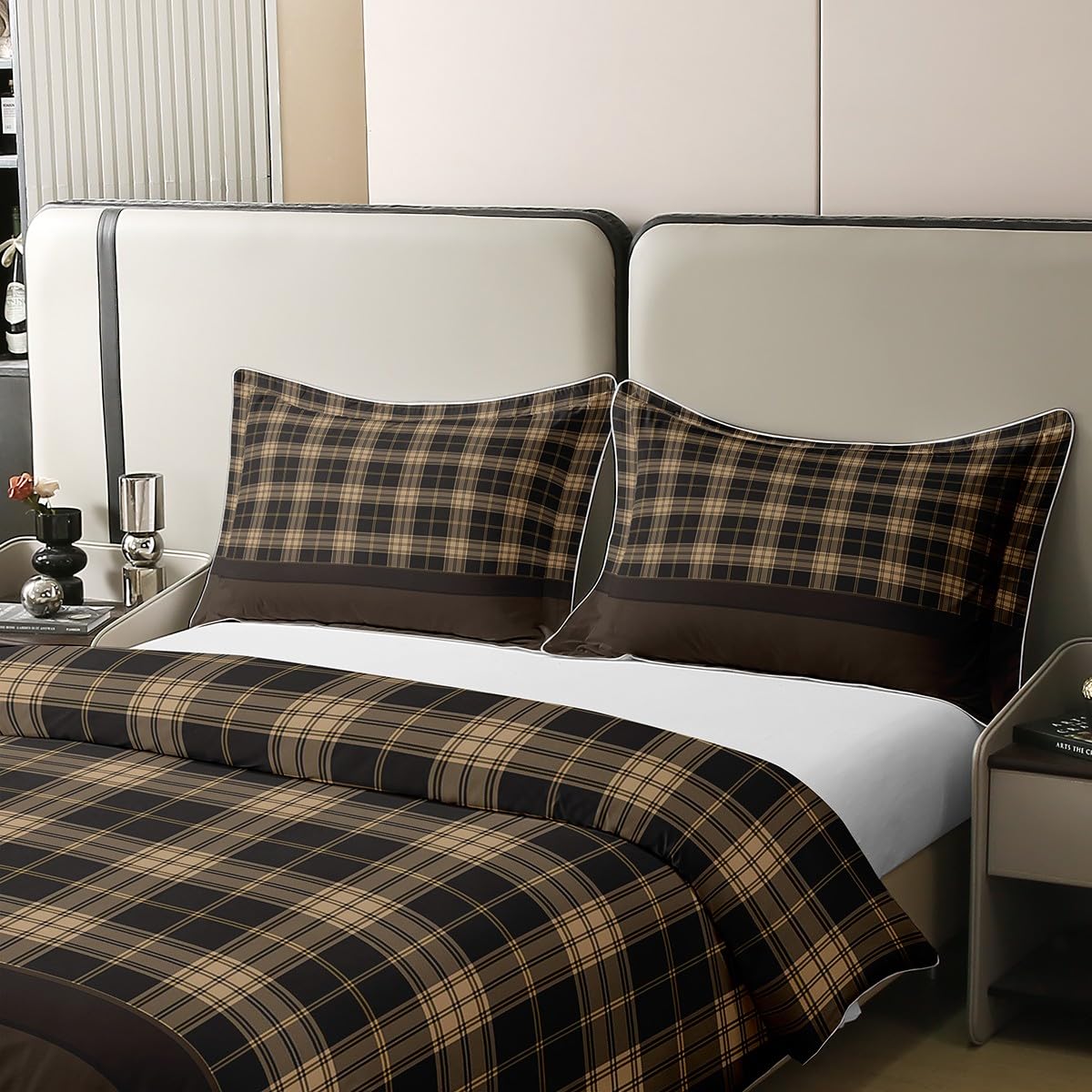 Homewish Vintage 100% Cotton Duvet Cover,Rustic Bedding for Boys Girls,Farmhouse Plaid Check Comforter Cover for Cabin Lodge,Geometric Lattice Bed Sets with 2 Pillowcases Breathable,Double,Brown - Image 4