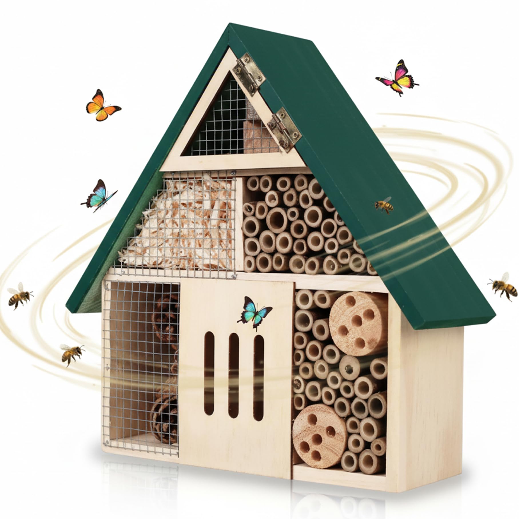 Casette per da giardino, Hotel per insetti in legno naturale con tetto verde, Habitat sospeso per muratrici, e insetti benefici, Decorazione da giardino esterno, Casetta per