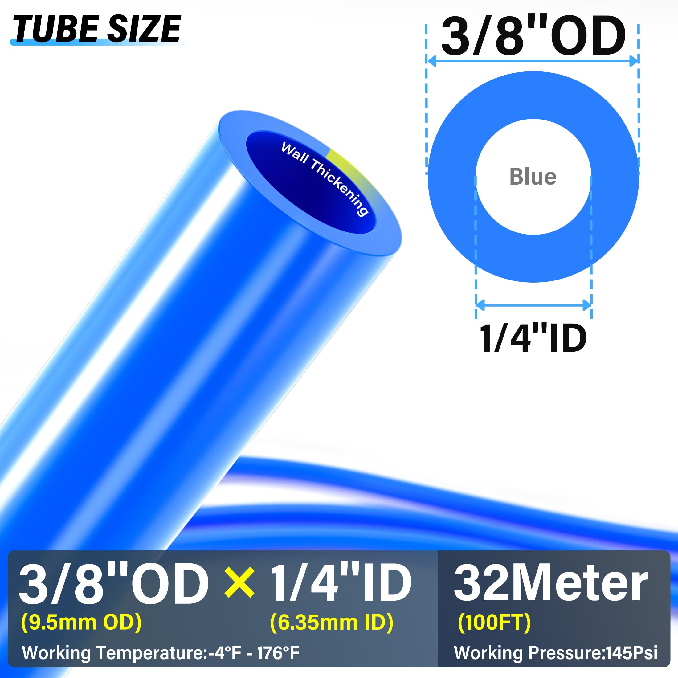 TAILONZ PNEUMATIC Kit de tubos de aire de poliuretano de 3/8 pulgadas OD de 32 metros y 100 pies, manguera de tubo, tubo de línea de aire o tubo neumático de transferencia de fluidos