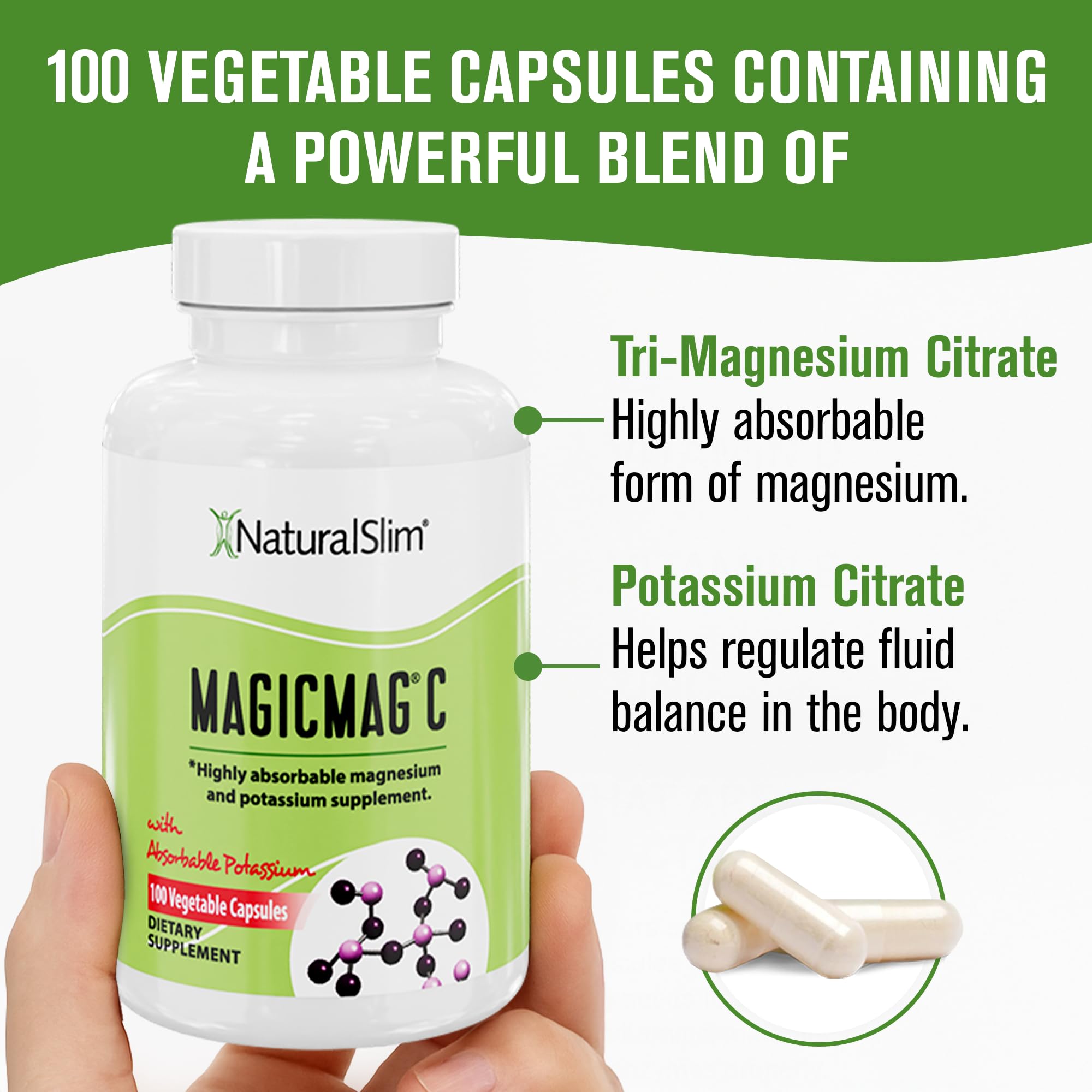 NaturalSlim Potassium Magnesium Supplement 100 Capsules – MagicMag C Magnesium Citrate Supplements for Sleep Support, Heart Health, and Muscle Cramp Relief | Gluten-Free 3 Pack