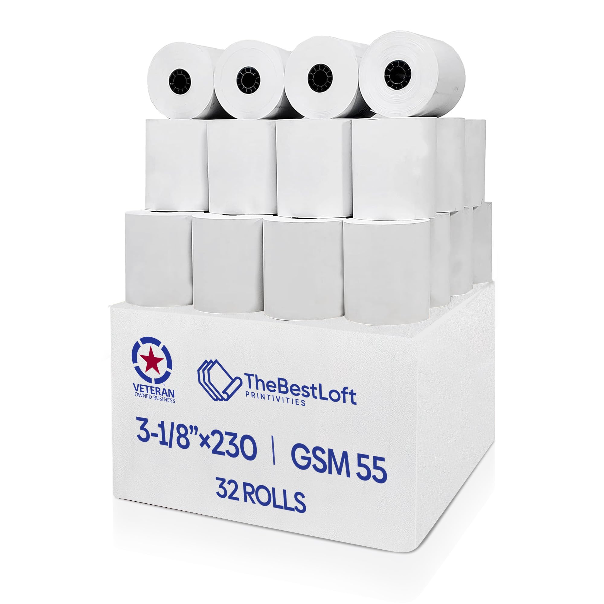 Rollos de papel térmico de 3-1/8 pulgadas x 230 pies, paquete de 32 papeles térmicos, papel de recibo para Clover Flex, EPSON, Square, Star Micronics, TMH, TMU TSP100 y más