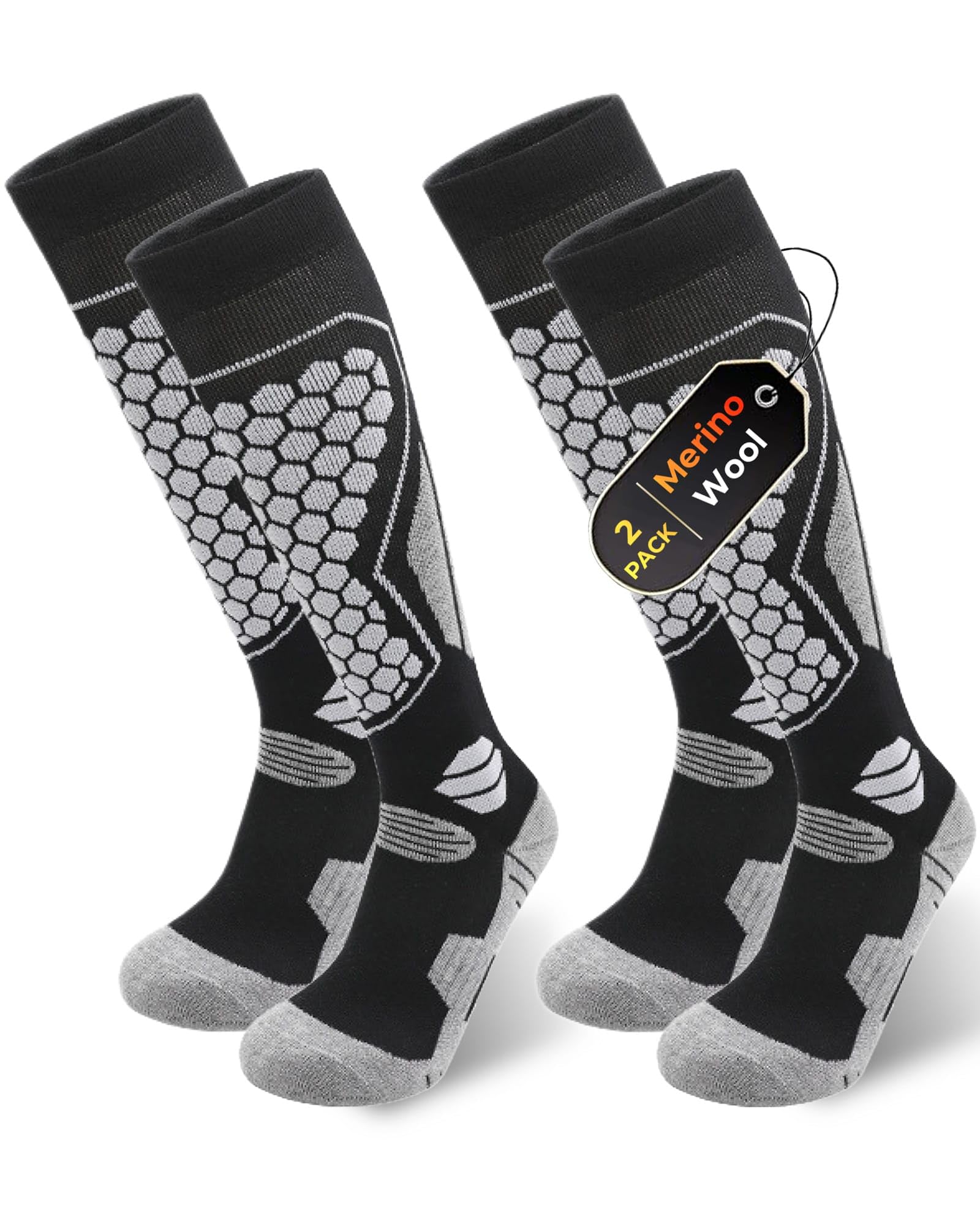 Qupolpol Women's Black Merino Wool Ski Socks For & Youth, 2 Pairs Thermal Knee-High Padded Snow Socks For Skiing, Snowboarding, Hiking & Cold Weather (Uk 2-5)